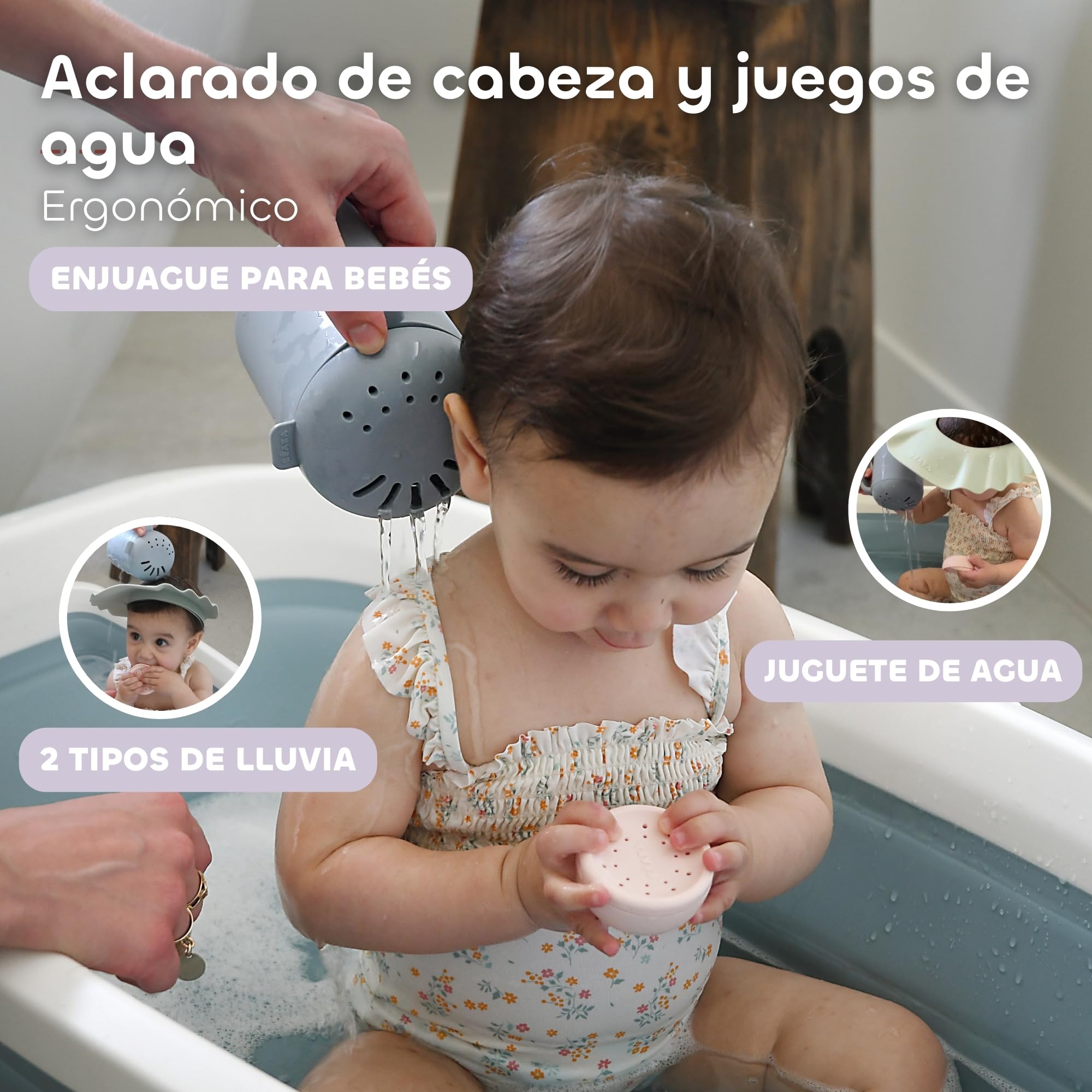 BÉABA, Enjuague Cabeza Bebé, Rociador Baño/Ducha, Juegos de Baño, 2 en 1, Enjuague Cabello y Juegos de Agua de Baño, 2 Tipos de Lluvia, Tapa Extraíble, Silicona, Guijarro