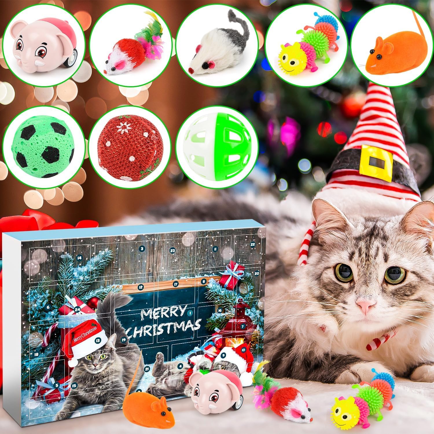 Cat Advent Calendar 2025, 24 PCS Interactive Christmas Toys for Indoor Cats Xmas Countdown Calendar with Feather Wand, Balls - Image 5