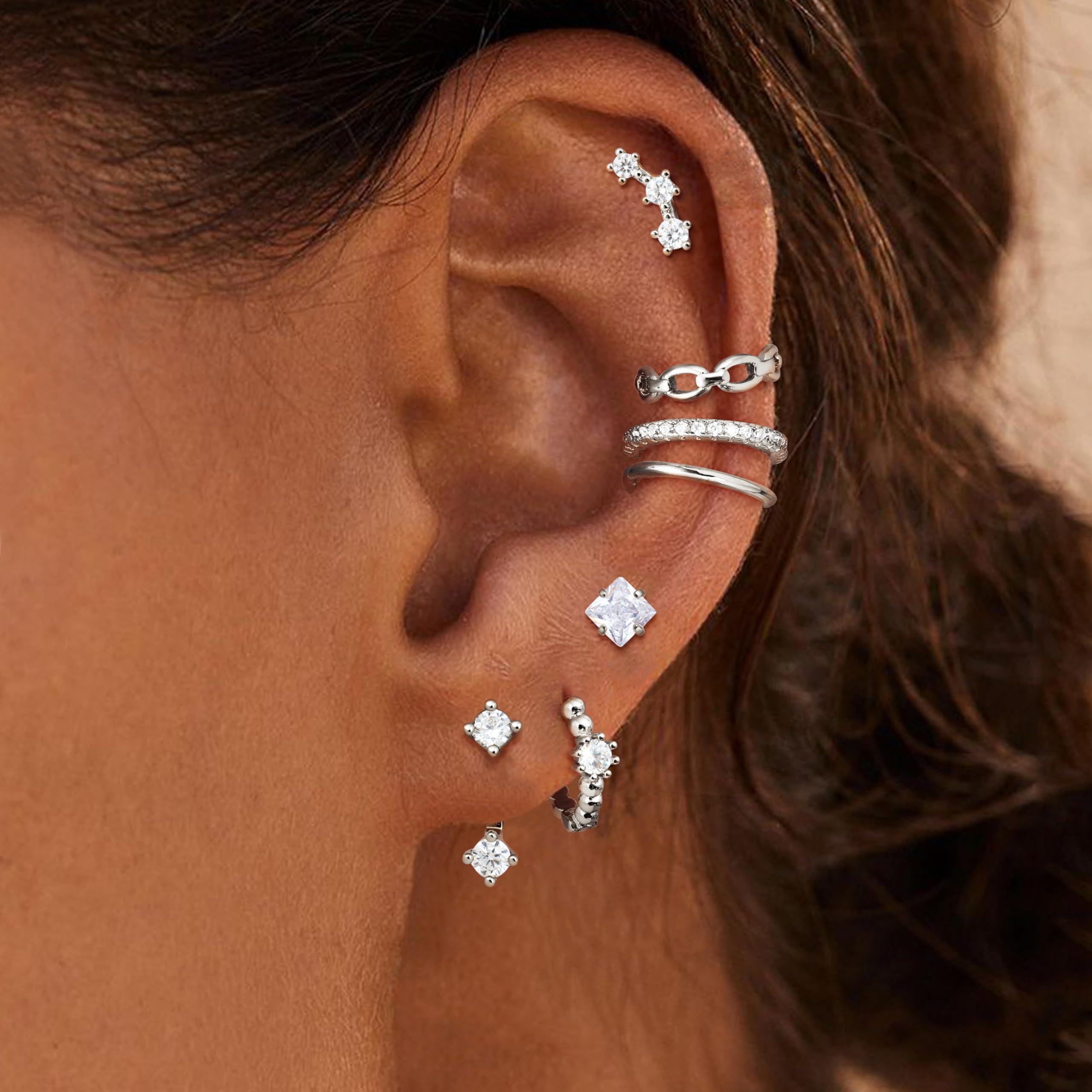 Dochai 7 par kolczyków ze srebra próby 925 dla kobiet, kolczyki kreoles zestaw kolczyków z fałszywymi kolczykami do uszu Helix chrząstki Tragus Conch kolczyk srebrny złoty
