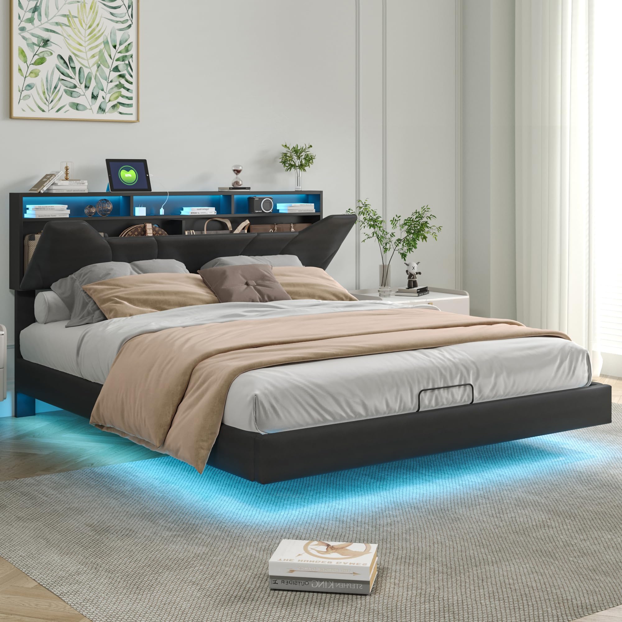 KeepGoon Letto imbottito 160 x 200 cm, comodino con illuminazione a LED, presa USB, barra di pressione dell'aria, letto matrimoniale con cassetta, letto sospeso, materiale PU, testiera con vano