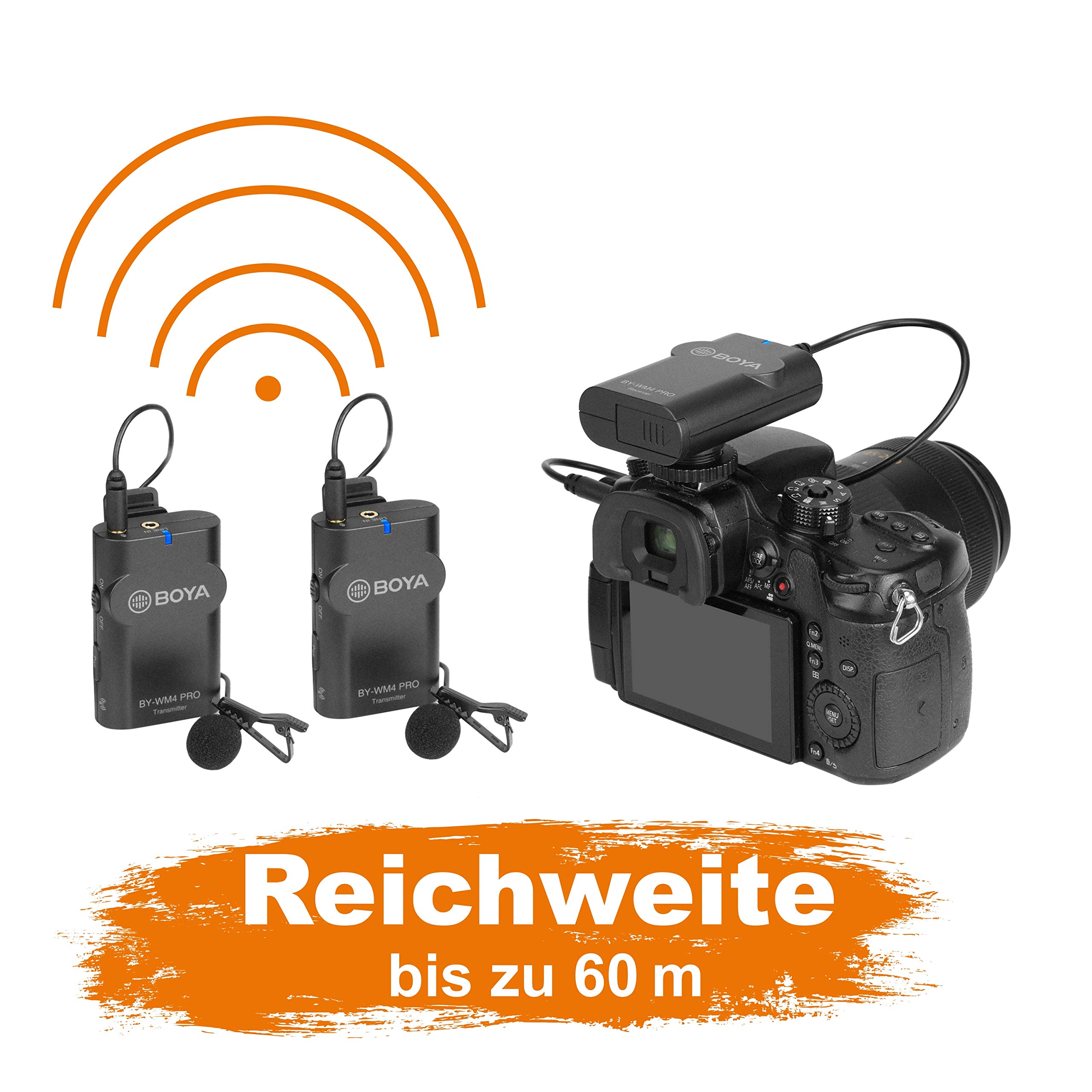 walimex pro Boya WM4 Pro K-2 Kit Lavalier Wireless con 2 Trasmettitori e Ricevitore, Portata 60 m, cavo 120 cm, per video e audio