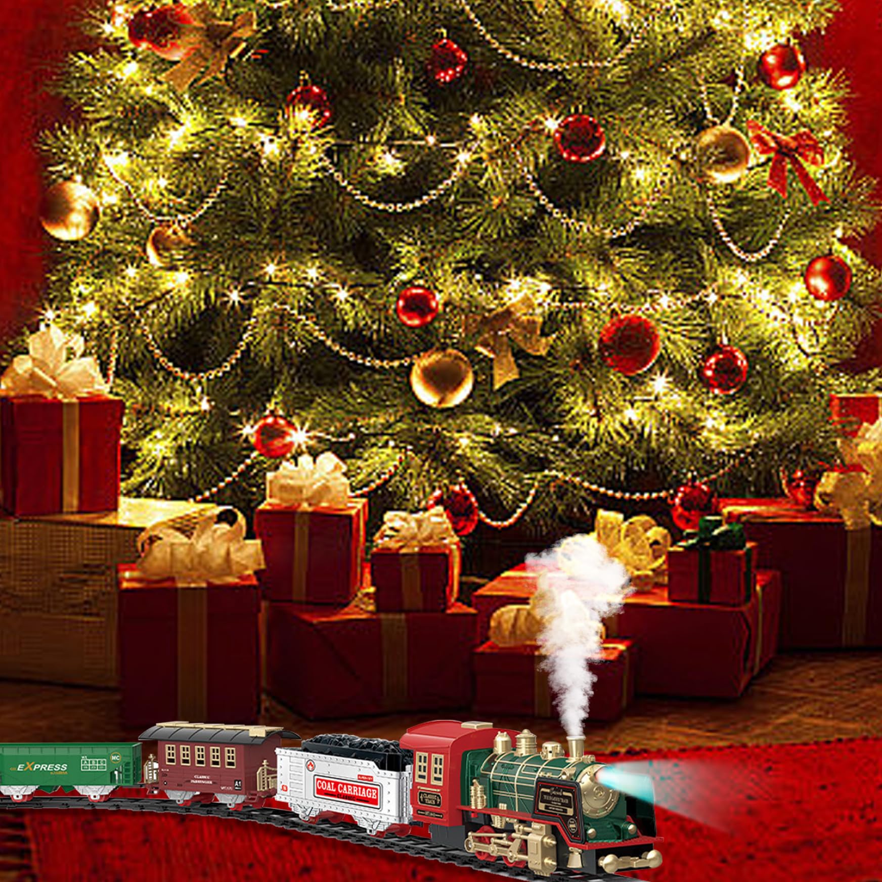 Gcroet Set di Treni di Natale Elettrico retrò a Vapore telecomandato Treno di Natale con luci e Suoni Set di Simulazione di 3 carrozze Regali per Bambini, Senza Batteria...