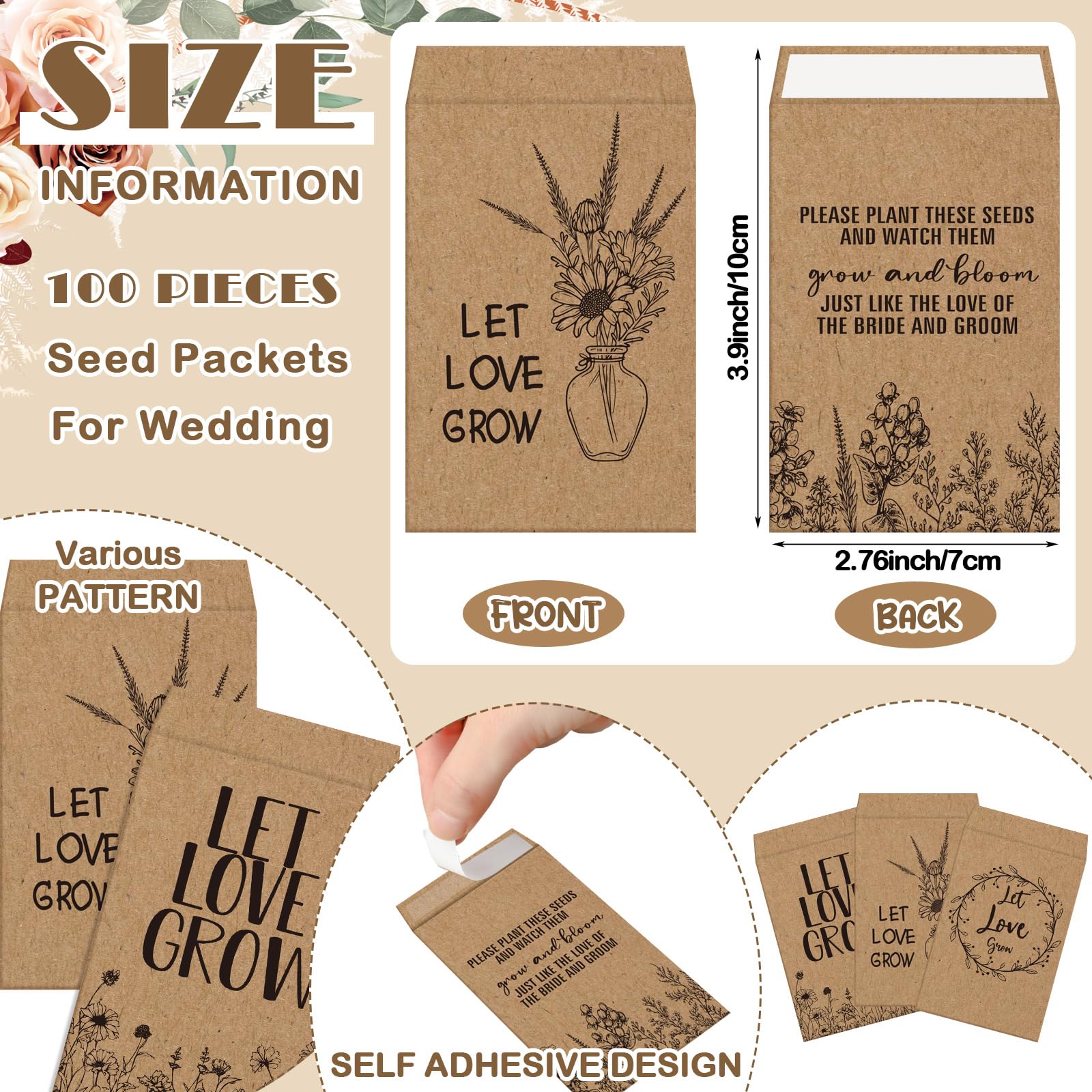 Ireer 301 Hochzeitsgeschenk-Set beinhaltet 1 Holzschild mit Aufschrift "Let Love Grow", 100 selbstklebende Samenpakete, Kraftpapier, Samenumschläge, 100 Dankeskarten, 100 Organza-Geschenktüten (Boho)