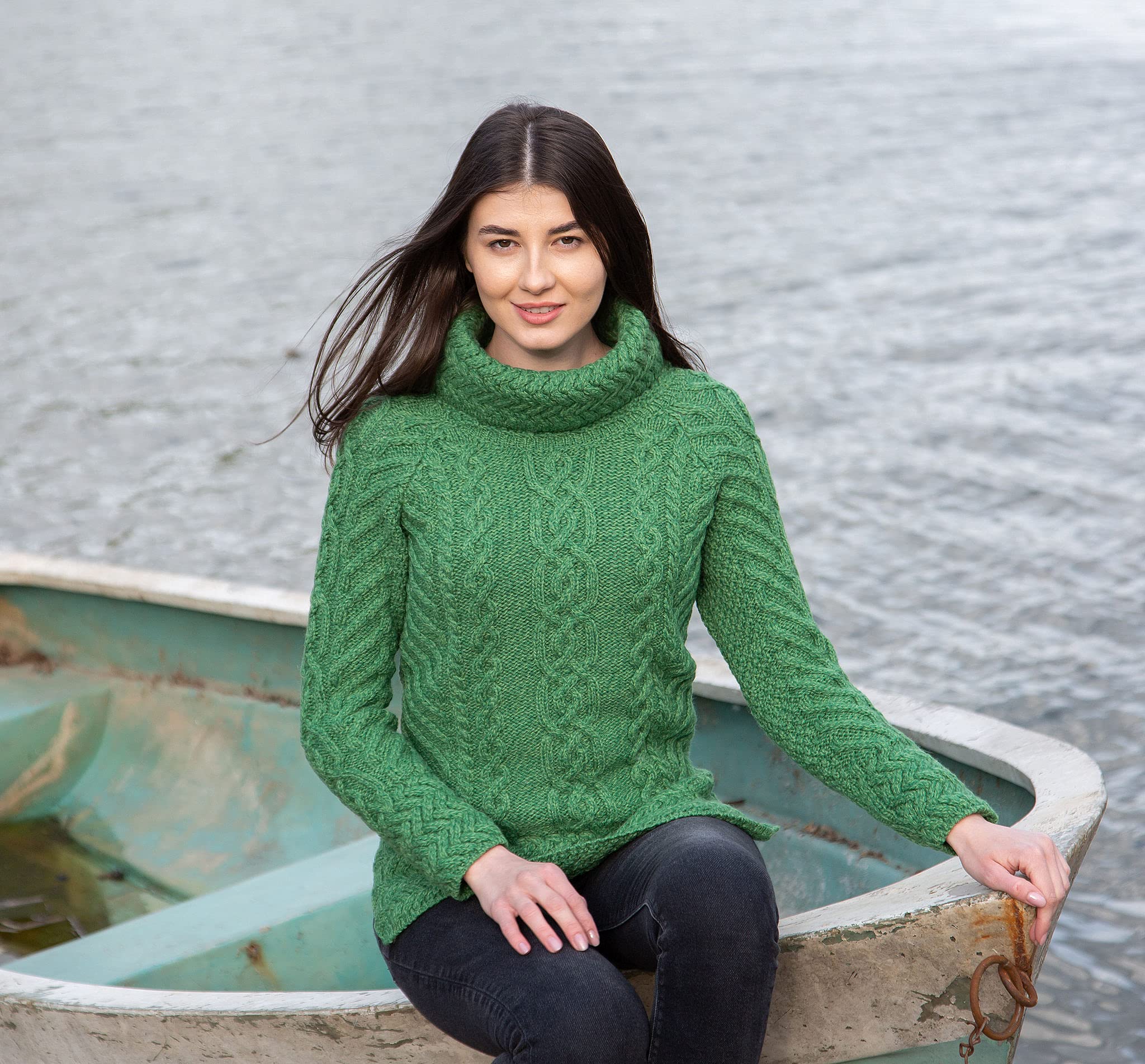 SAOL Aran - Maglione irlandese da donna, realizzato in 100% lana merino, da pescatore irlandese, lavorato a maglia