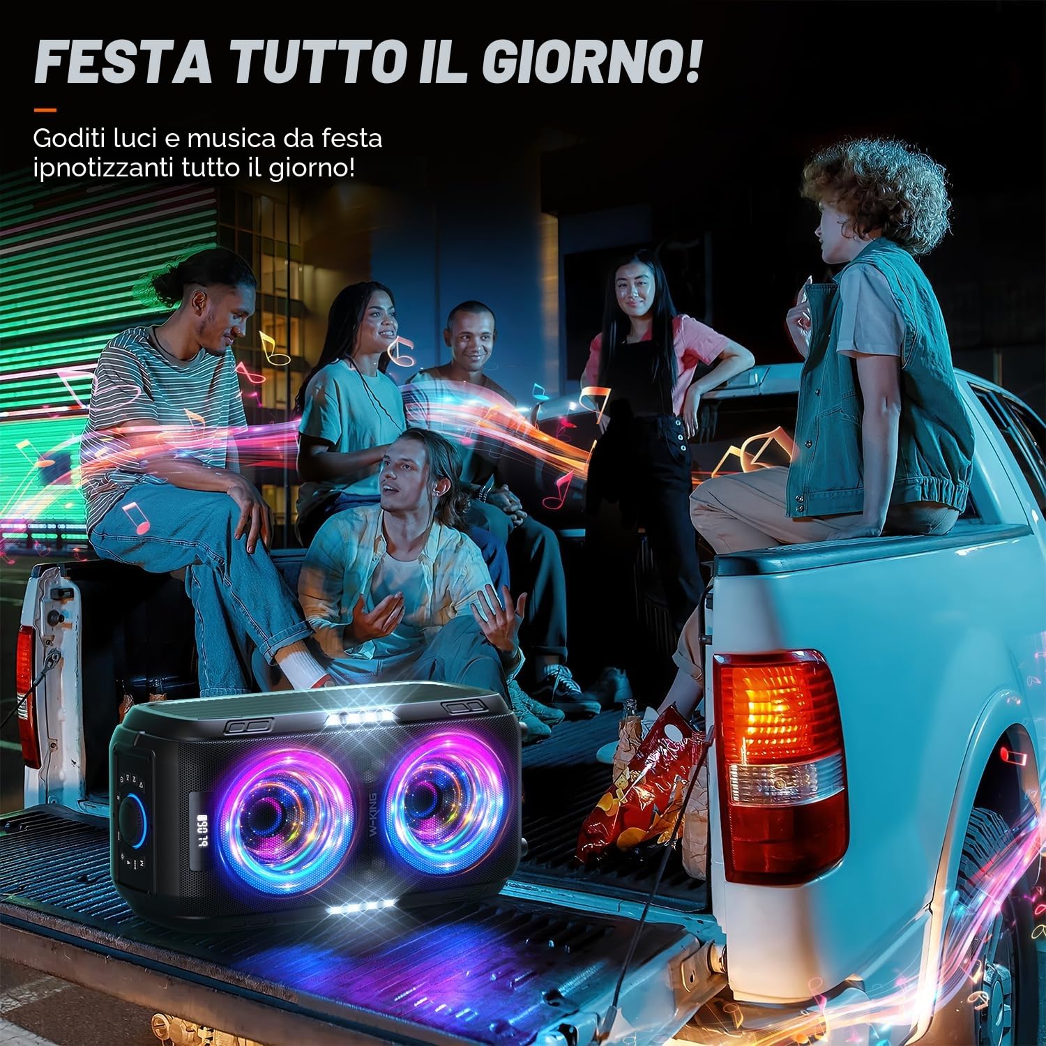 W-KING 270W PEAK Casse Bluetooth Potente Portatili Altoparlante Party Box | Cassa Portatile 125dB Forte, 12 Bassi Personalizzati, 2 Woofer 16,5cm Super Bass, MIC/GTR In, USB TF AUX Play,Batt Rimovibile