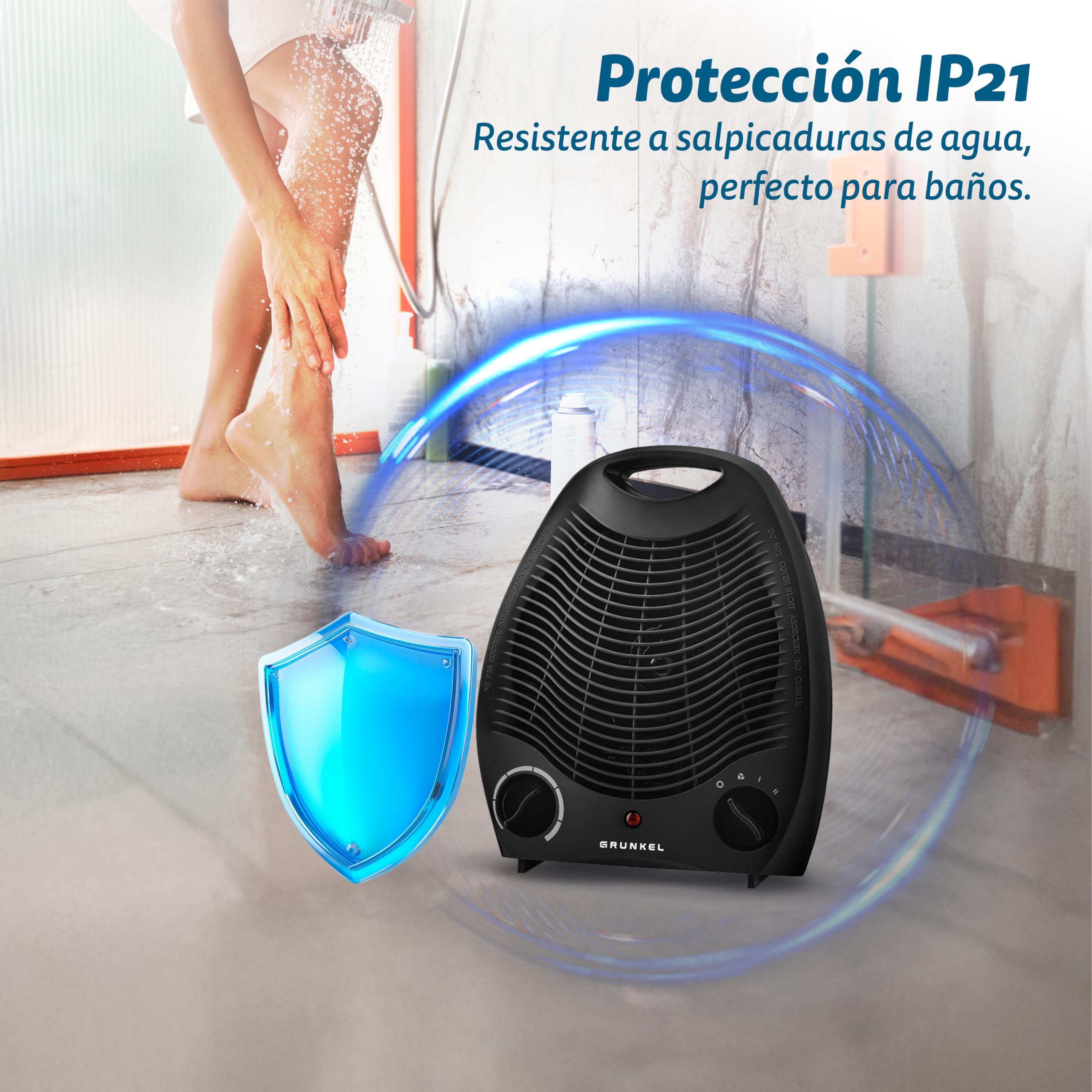 Calefactor de baño Grunkel de bajo consumo, hasta 2000W, 3 modos, 2 niveles de potencia, antivuelco y sistema de protección contra el sobrecalentamiento. Ligero y cable de 1m.