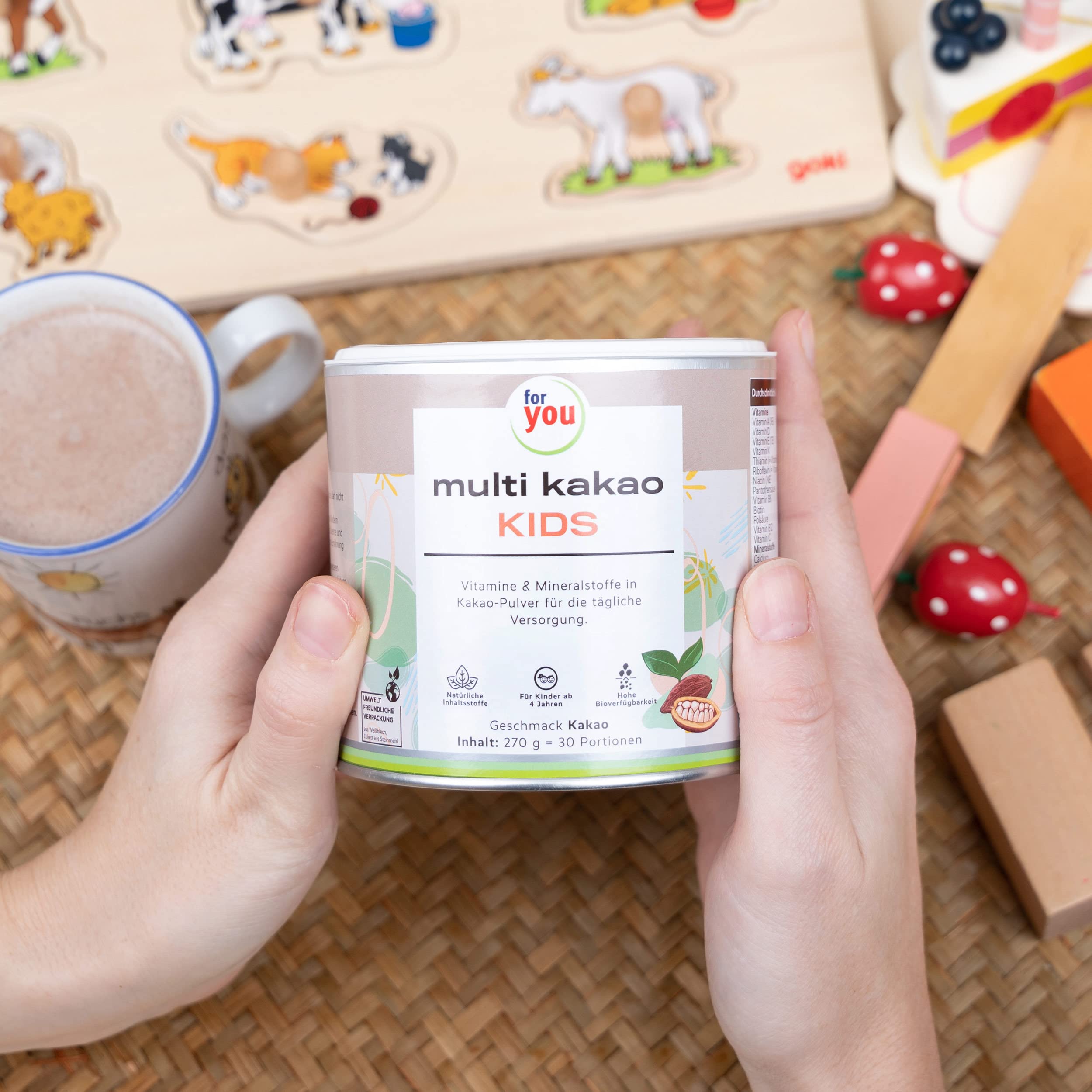for you multi kakao kids Doppelpack - Kakaopulver mit Vitaminen, Mineralstoffen & Pflanzenstoffen zum Anrühren in Milch - Kinder ab 4 Jahren - Gesundes Wachstum & Entwicklung - Zuckerfrei & glutenfrei