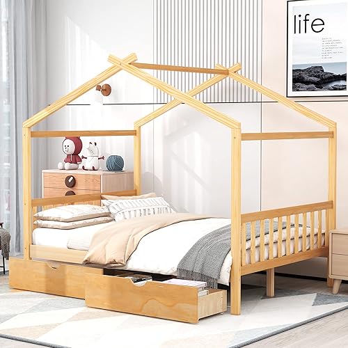 Miniatura 1 de Cama matrimonial para niños con nido, marco de cama de plataforma de tamaño matrimonial para niños con estantes de almacenamiento y techo, cama