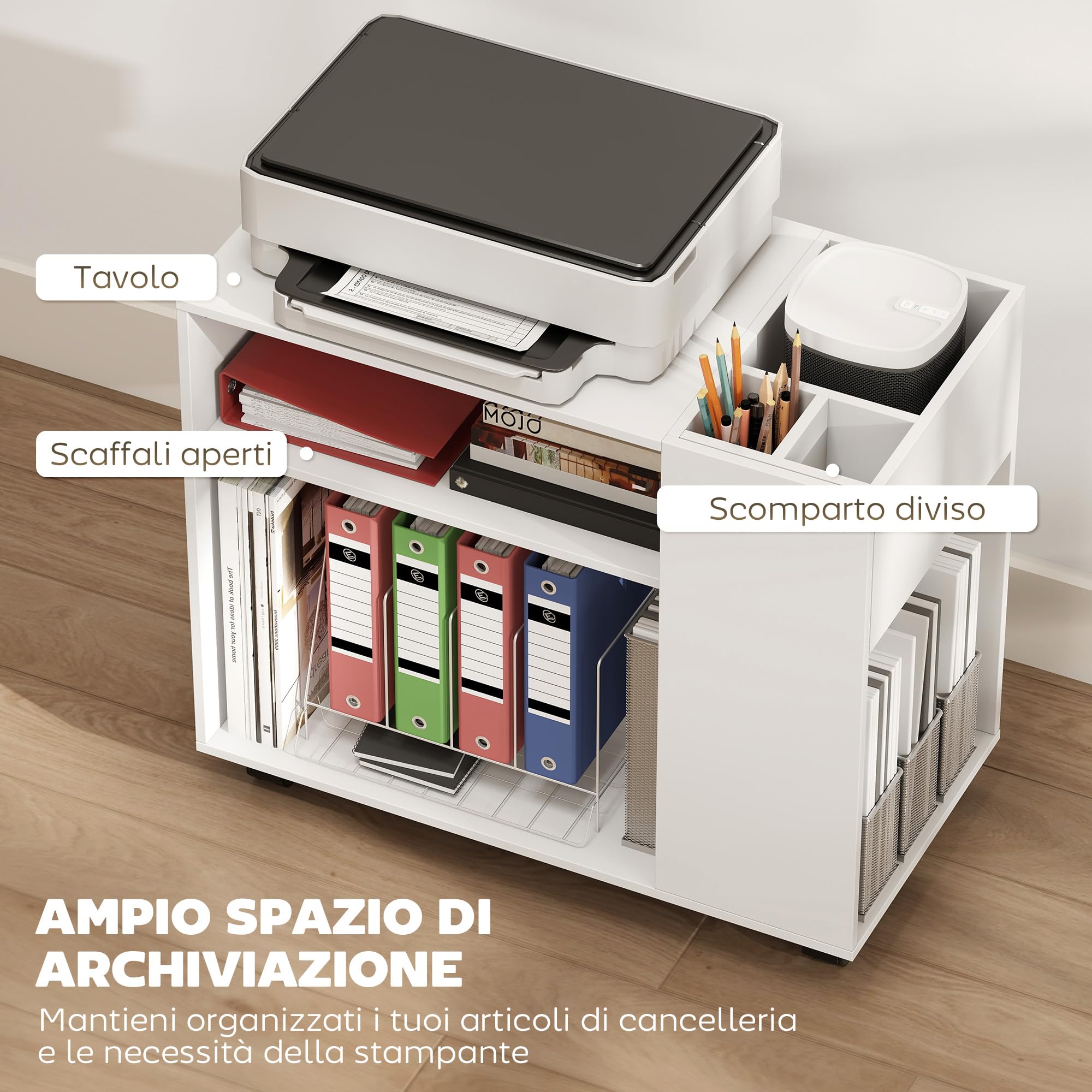 HOMCOM Mobile per Stampante con Ruote, Mobile Ufficio Multiuso con Vani Aperti, Ripiano e Scomparto, Comodino per Soggiorno, Camera, Studio e Ufficio, 70x36x60 cm, Bianco