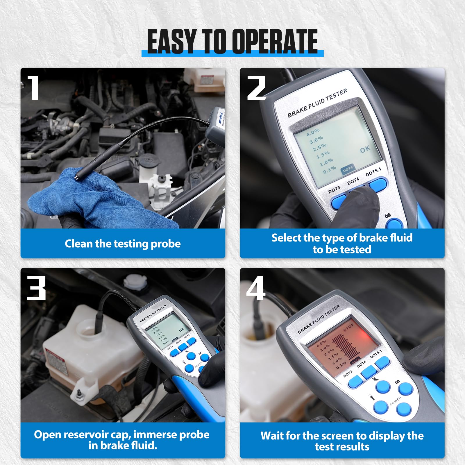 BELEY Testeur de liquide de frein automobile F60 - Testeur de liquide de frein numérique pour DOT3 DOT4 DOT5.1 avec écran LCD de 2,8" et sonde de haute précision