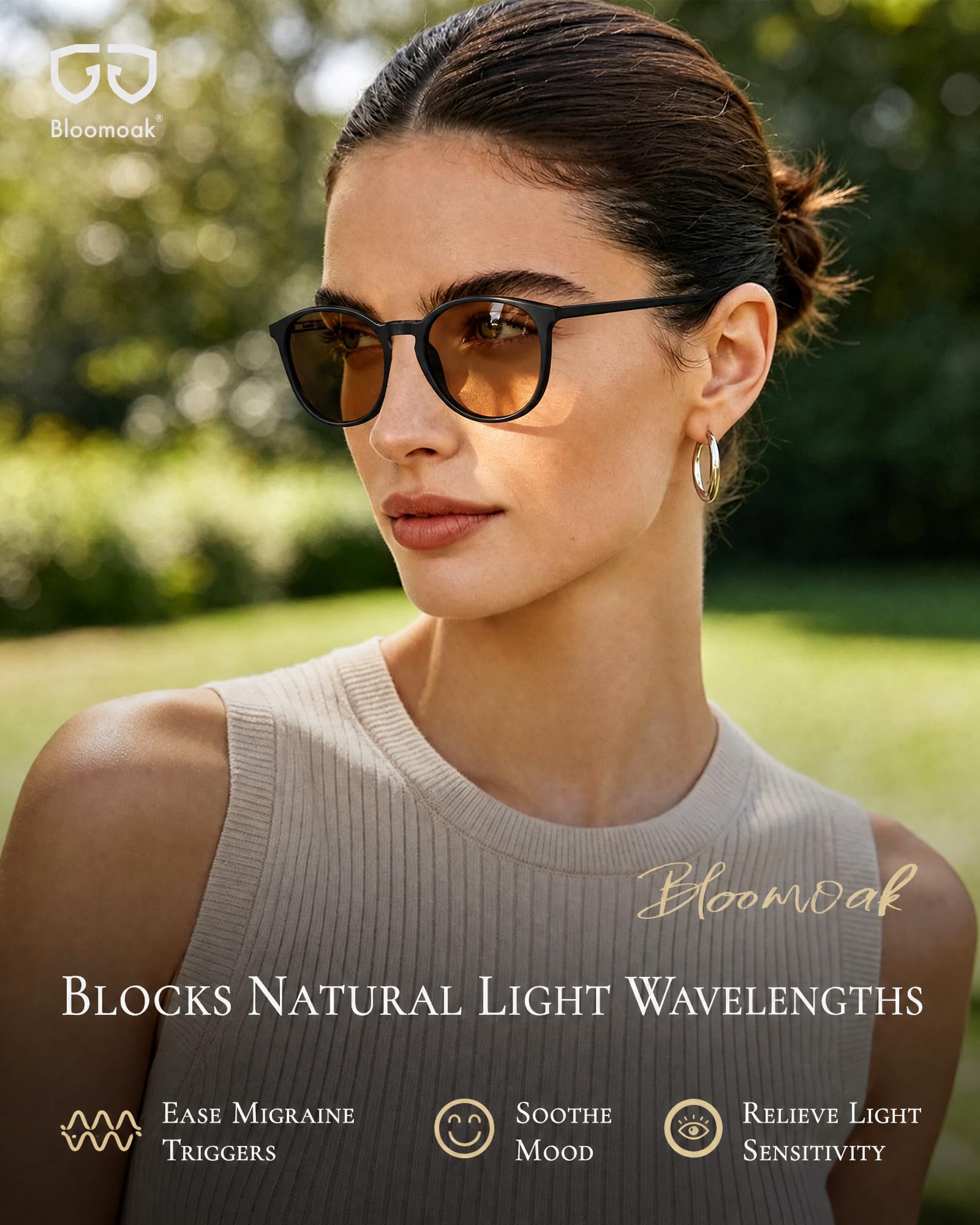Bloomoak FL-ONE Lunettes anti-migraine teintées marron, lunettes anti-lumière bleue pour la photophobie et la sensibilité à la lumière, lunettes de soleil UV400 pour homme et femme, usage intérieur/ex