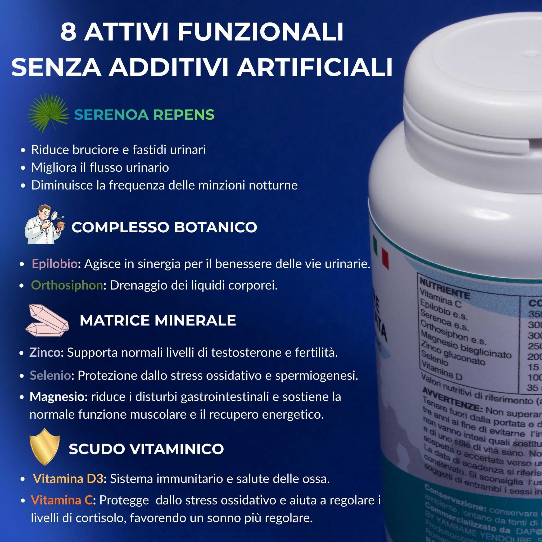 Integratore Prostata Uomo *a basse di SERENOA REPENS*(Saw Palmetto)* Epilobio* Orthosiphon* Zinco* Selenio* Magnesio Bisglicinato*Vitamina C e D3* 120 Capsule* Formula Potente con 8 Estratti Naturale