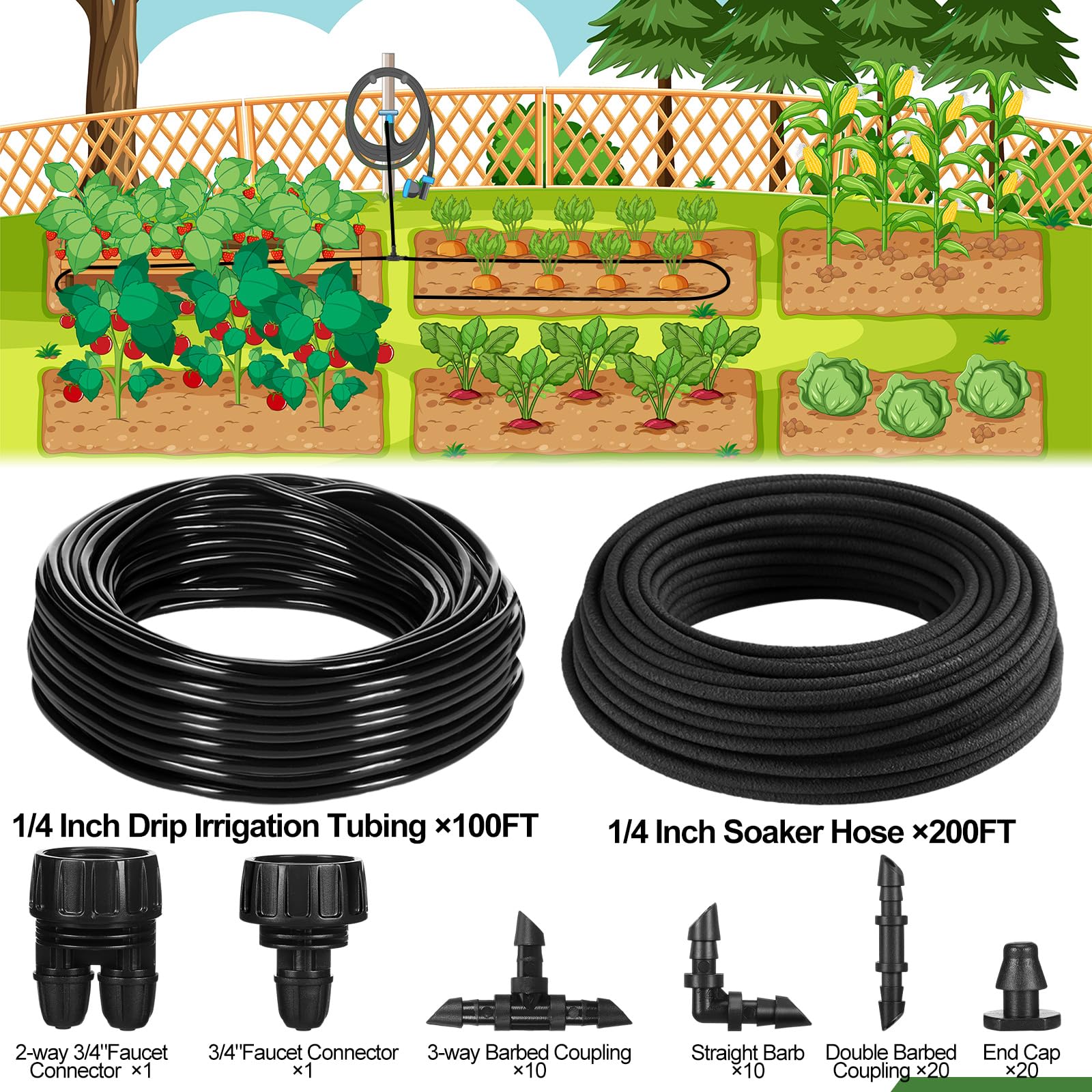 Kit di irrigazione a goccia da 1/4 di pollice Tubo per irrigazione a goccia da 61 m 1/4 di pollice Tubo per irrigazione a goccia da 30,5 m con vari accessori Sistema di irrigazione a goccia