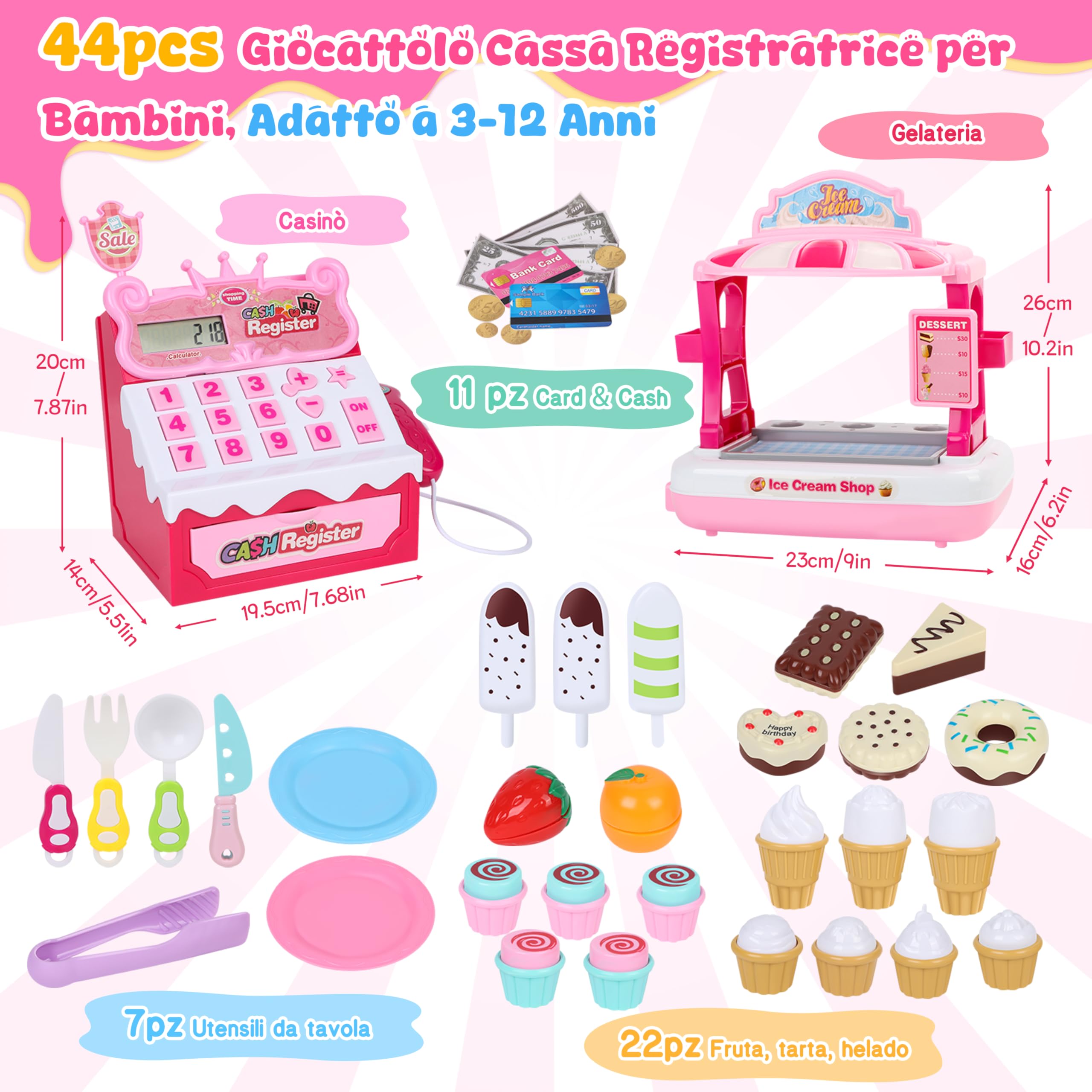 Charmofun Gelateria Giocattolo per Bambini - Incl. 48 Accessori (15 Gelati, 5 Torte, 7 Posate, Soldi Finti Ecc.), Cassa Negozio per Giochi di Ruolo, Cassa Giocattolo per Bambini Dai 3+ Anni