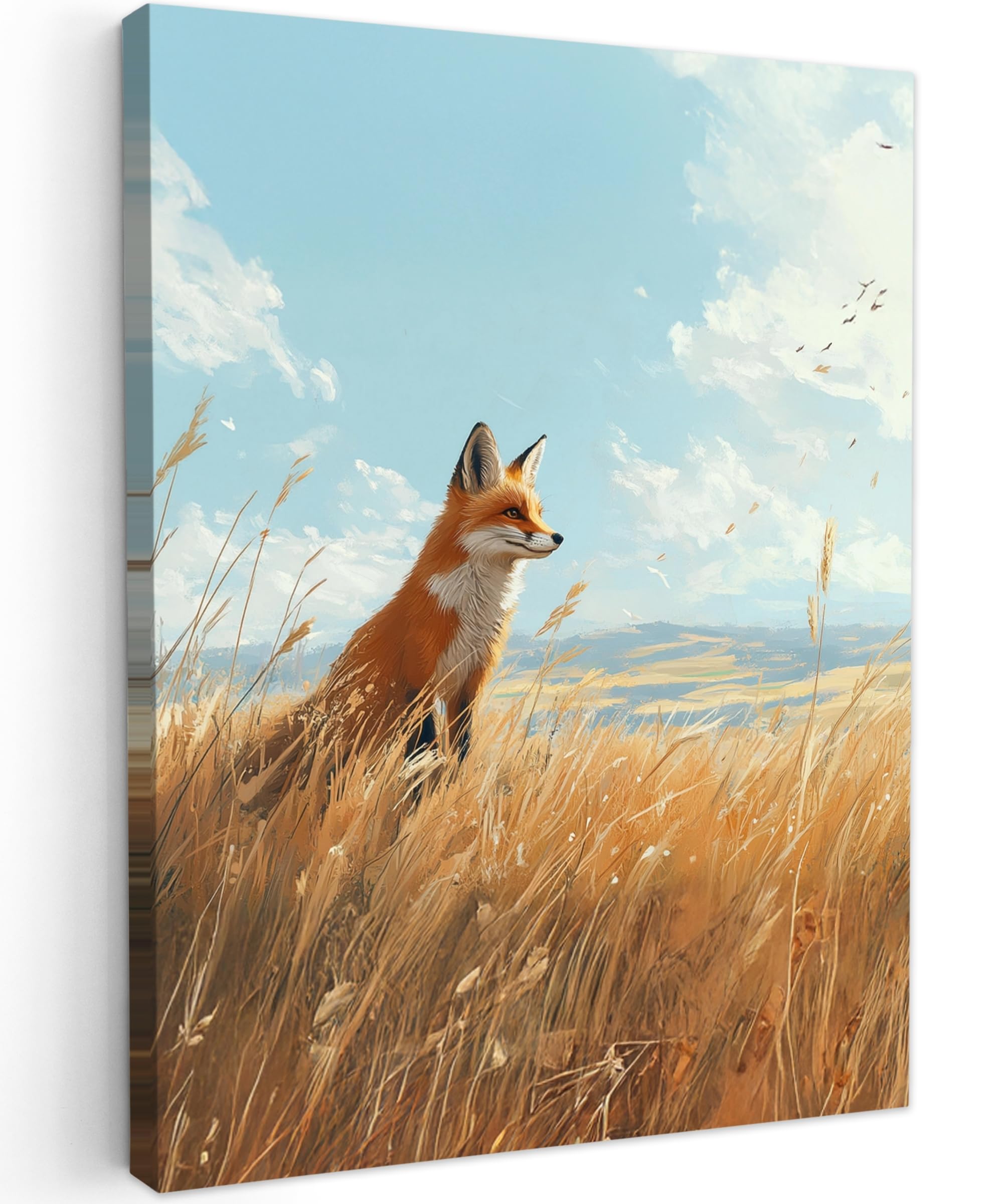 MuchoWow© Canvas Wall Art Work 24"x31" / 60x80 cm House Decoration for Living Room Home Decor Pictures Walls Fox - Grass - Clouds - Orange