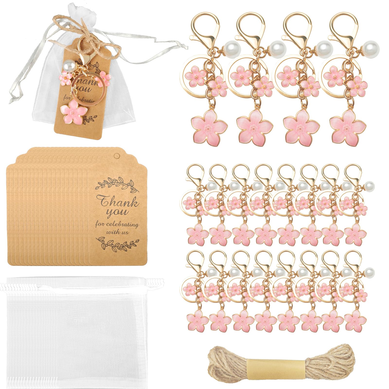 Modixun 20 Pack Pearl Flower Keychain Bridal Shower Favors, Wedding Party Favors with Kraft Tag Organza Bag Jute, Thank You Gifts Souvenirs Bulk for Guest Bridesmaid Baptism(Pearl Flower)