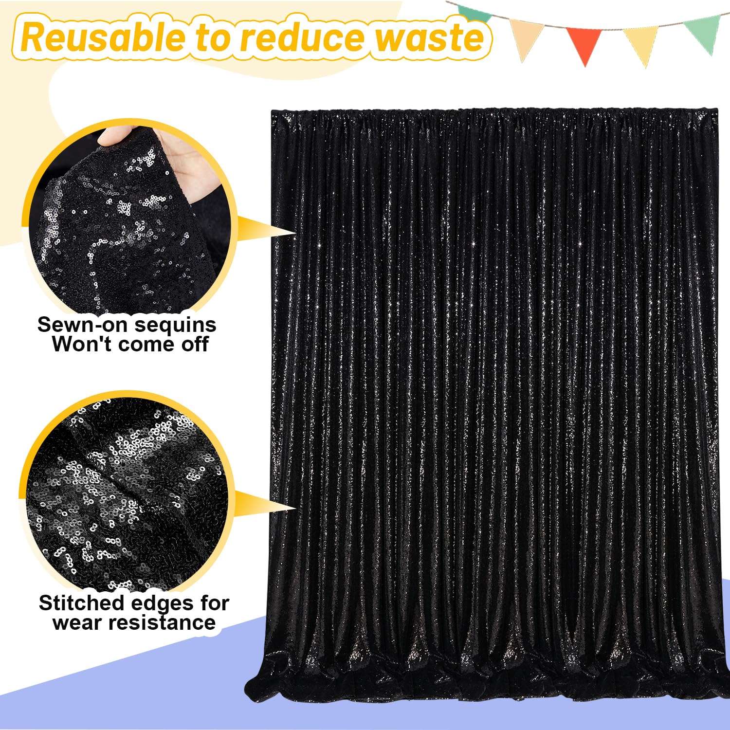 4 pezzi Tenda con paillette - 60x240cm Sfondo a Tende con Sequin per Laurea Scuola Feste Decor feste di compleanno, matrimonio, palcoscenico -Nero