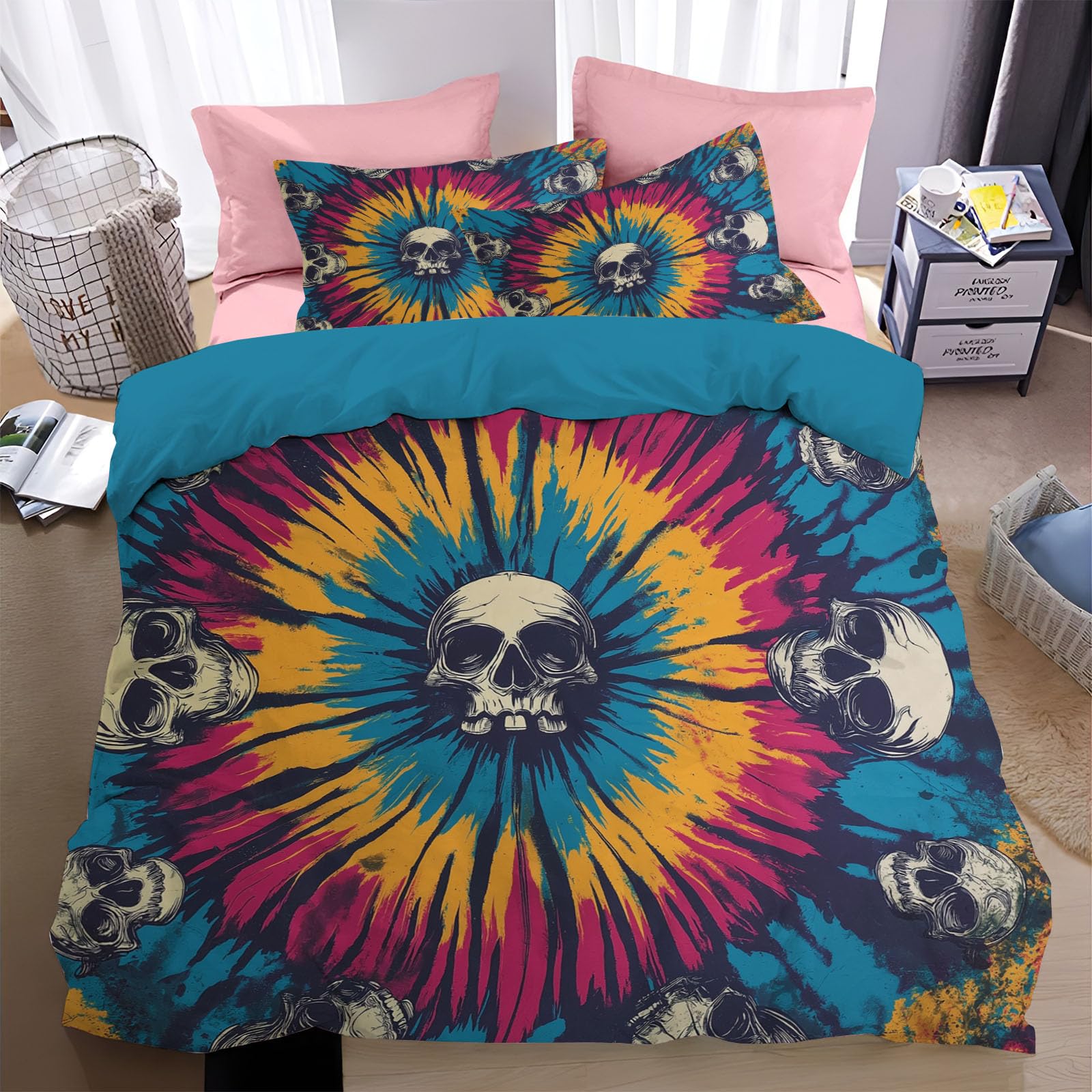 Housse de couette 220x240 zippée en microfibre bleu profond avec 2 taies d'oreiller motif squelette