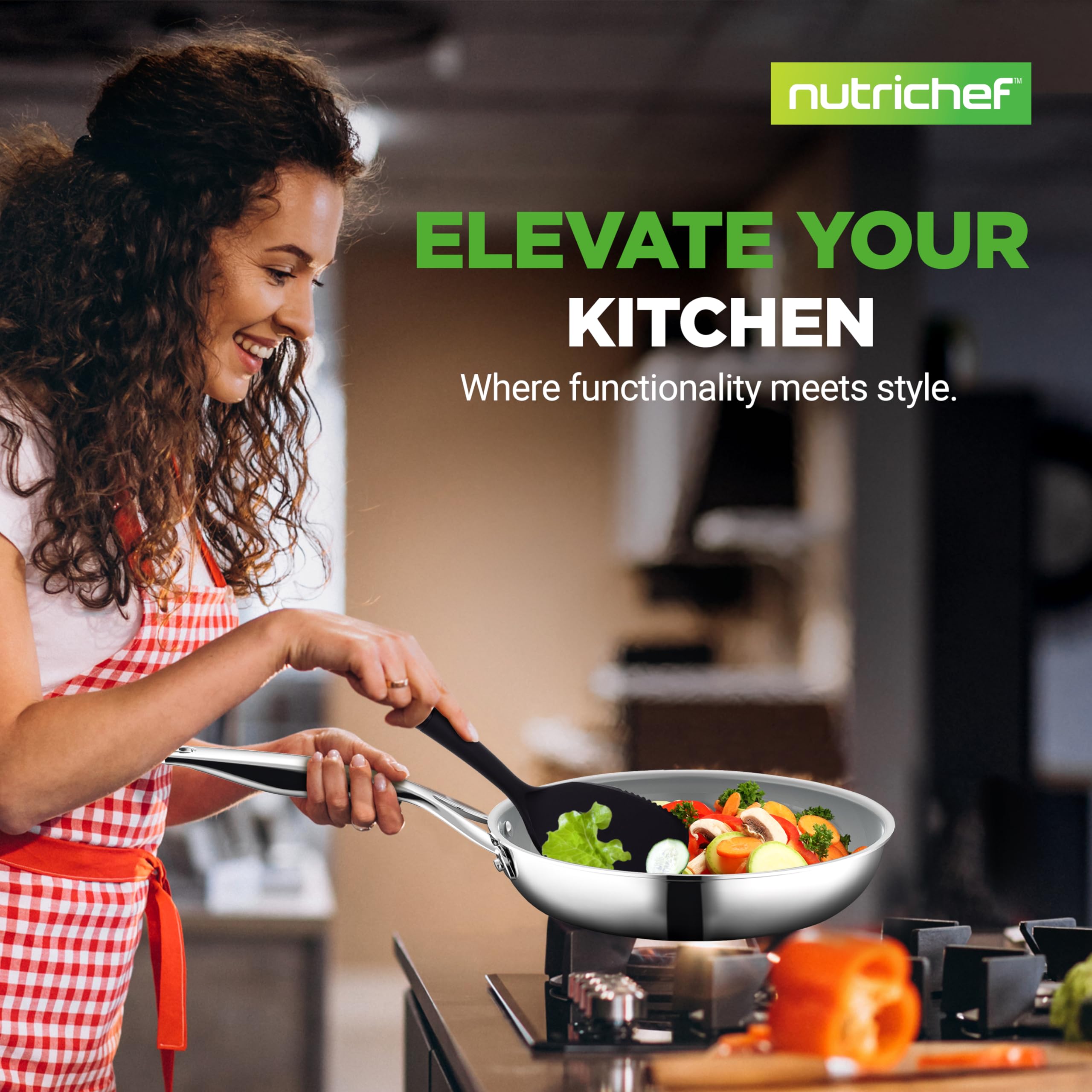 NutriChef Juego de utensilios de cocina profesionales de acero inoxidable de 12 piezas, ollas de tres capas, sartenes antiadherentes de cerámica, compatibles con inducción, asas remachadas fuertes