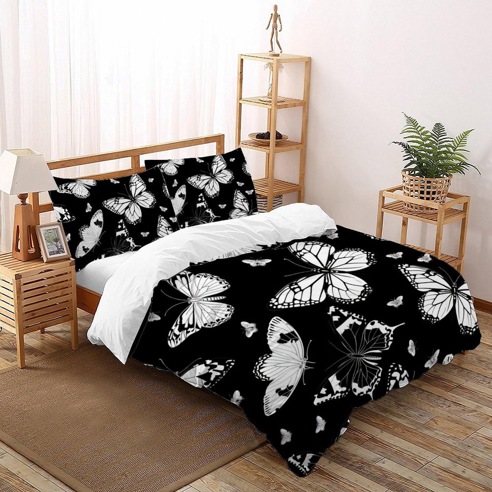 Housse de couette double papillon blanc 200x200cm avec ses deux taies d'oreiller assorties