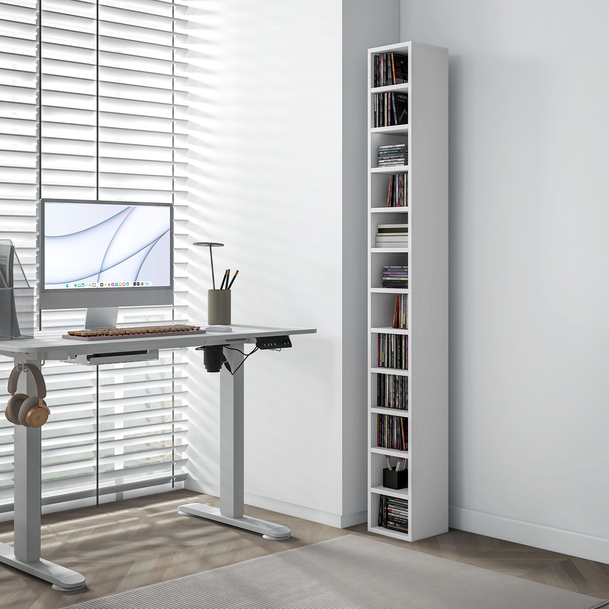 HOMCOM Contenitori per CD e DVD, ripiano a colonna, contenitore con 12 scomparti, capacità massima 204 CD, 21 x 20 x 175 cm, bianco