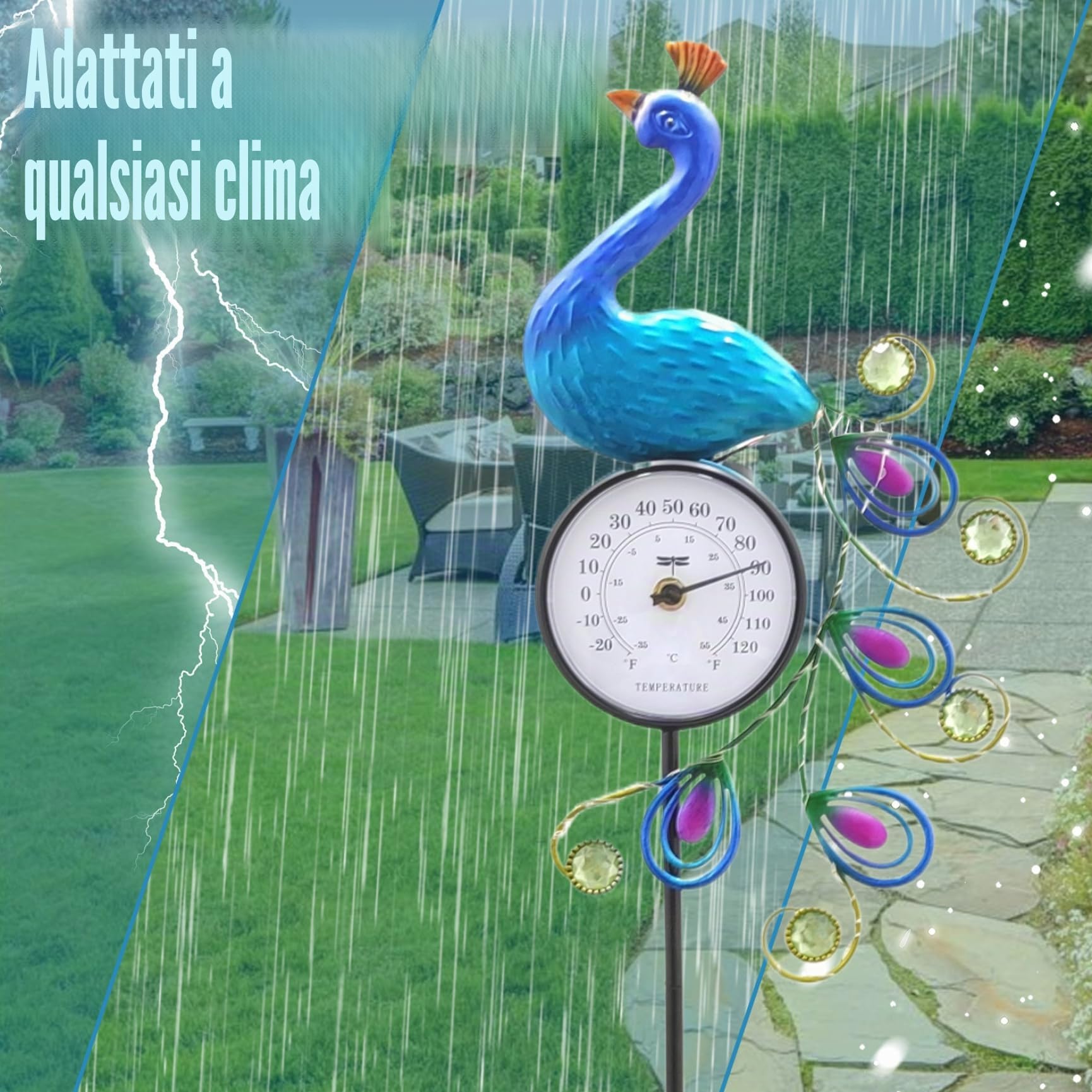 Indicatore di temperatura esterno, termometro per esterni design di pavone luci solari termometro per esterno impermeabile con decorazione per pavoni da 42 pollici per il pace per cortile esterno
