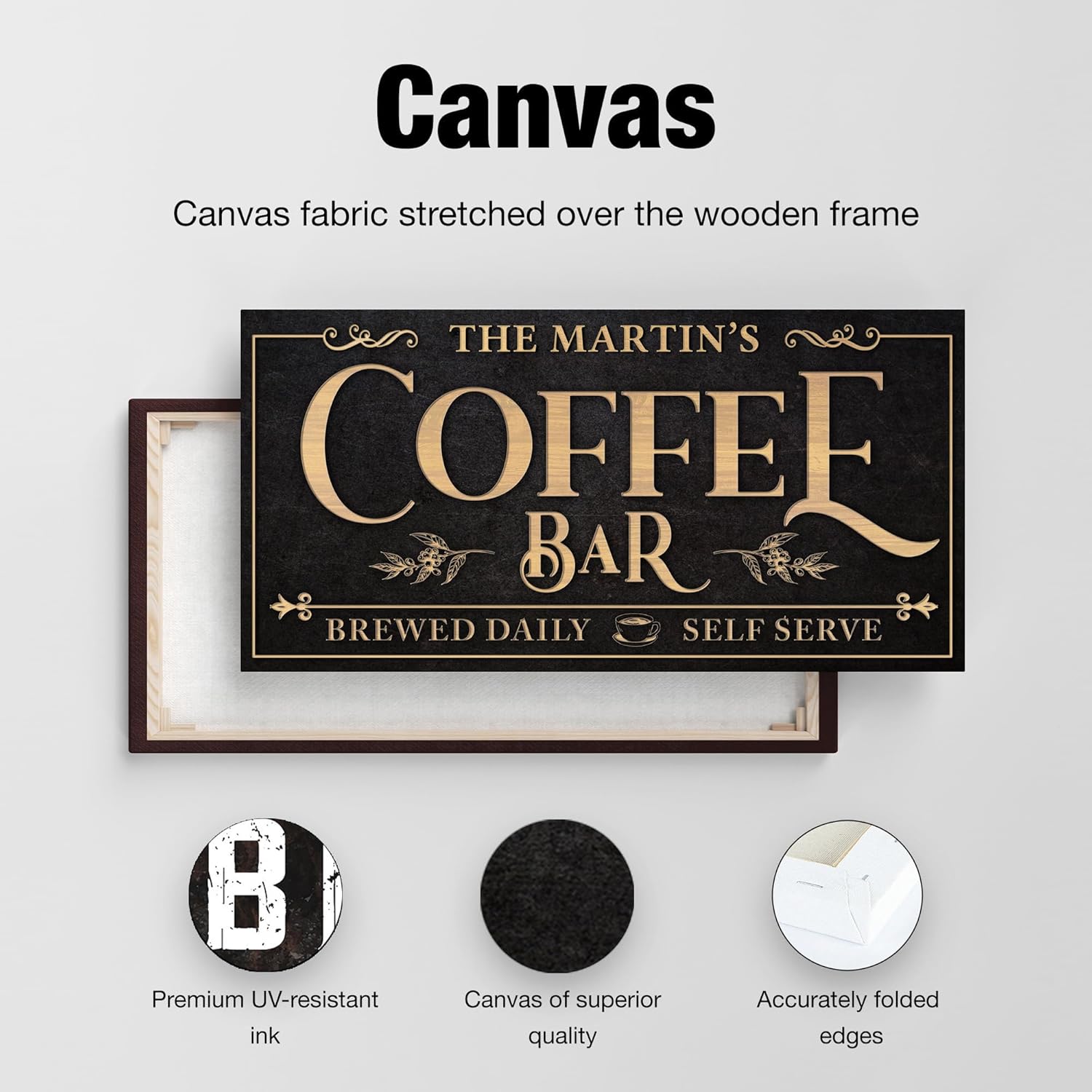 Awesometik Personalized Coffee Bar Sign Canvas Wall Decor with Custom Family Name Vintage, Custom Coffee Bar Room, Entertainment Hall Living Room Lounge