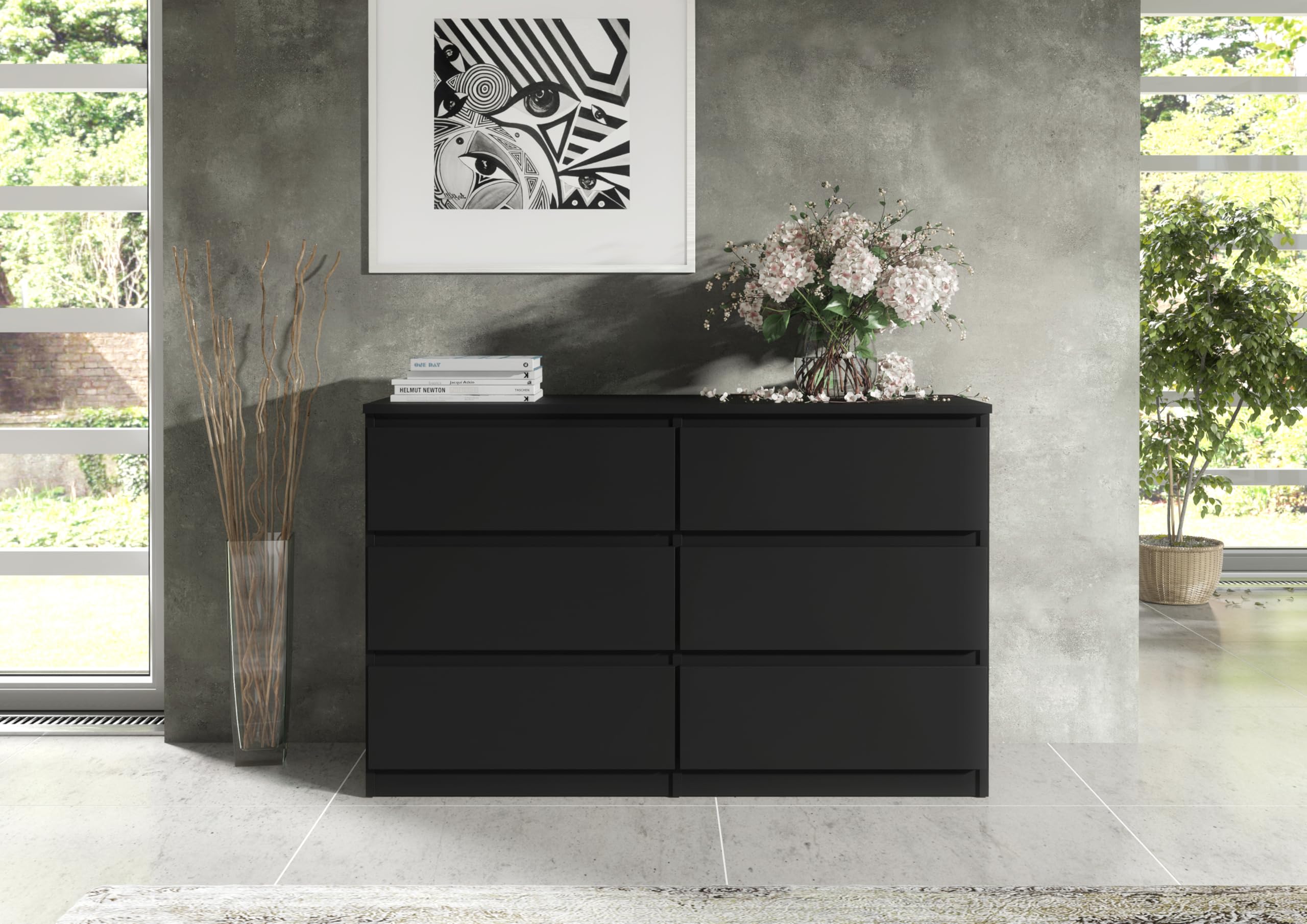 meble masztalerz Commode Chambre avec 6 Tiroirs - Meuble de Rangement pour Salon et Entrée Couloir - Spacieuse et Design - Noir - 120x39x78,5cm