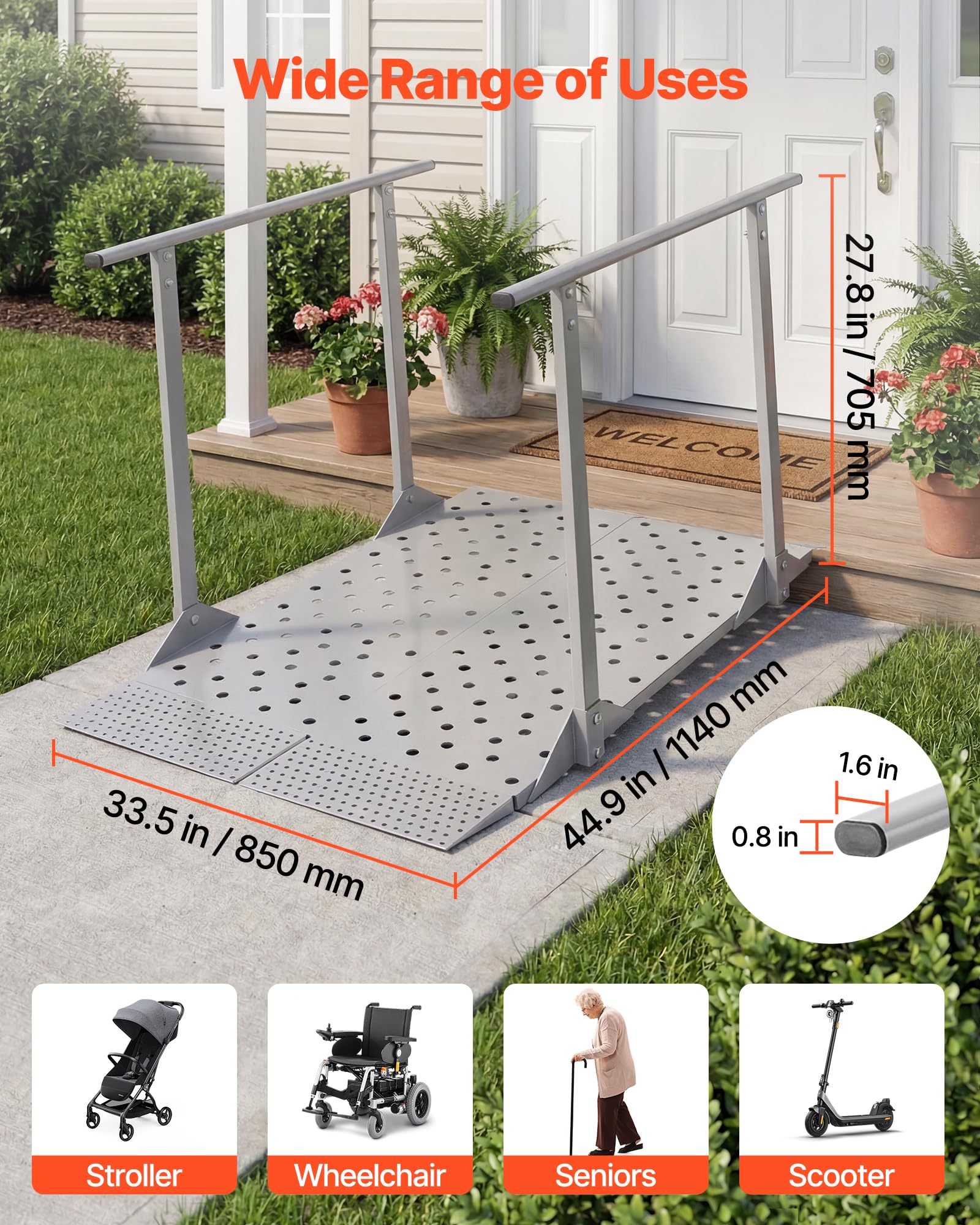 VEVOR Rampa para Silla de Ruedas con Pasamanos 1140 x 850 mm, Rampa de Umbral de Acier au CarboneAntideslizante, Capacidad de 199,6 kg para Escalones, Puertas, Bordillos, Scooters, Uso Residencial