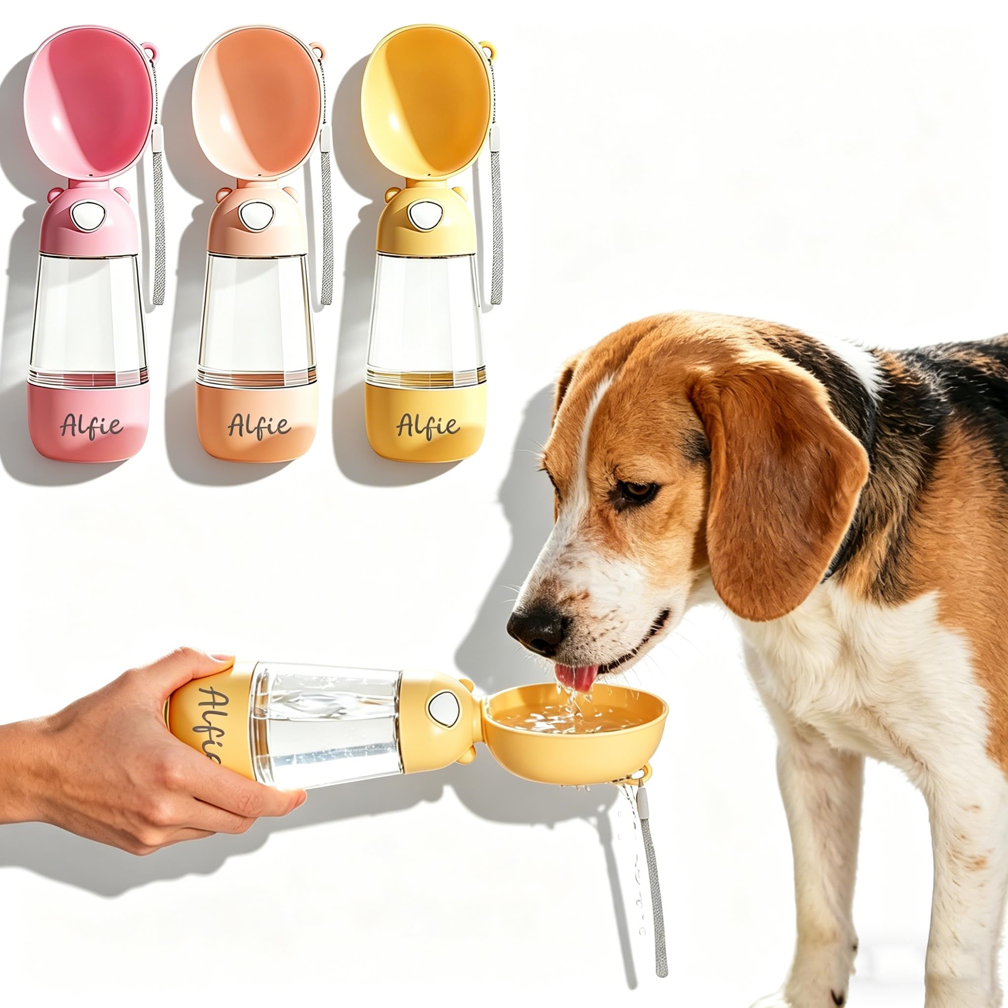 Personalised Dog Water Bottle with Name – Portable Leak Proof Pet Waterer for Walking, Hiking, Camping – Outdoor Drinking Bottle for Dogs, Cats, Puppies – Travel Essentials for Dog Owners (Yellow)