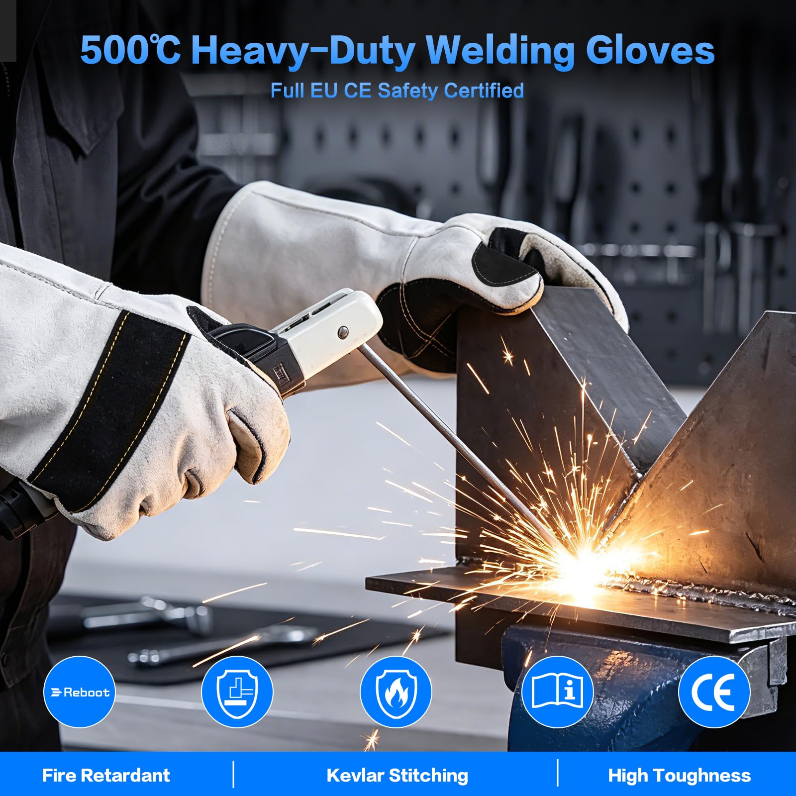 Reboot Gants de Soudure, Cuir Résistant 500°C, Protection Avant-Bras 38 cm, Coutures Doubles Renforcées pour MIG TIG MMA Barbecue Forge – Gris