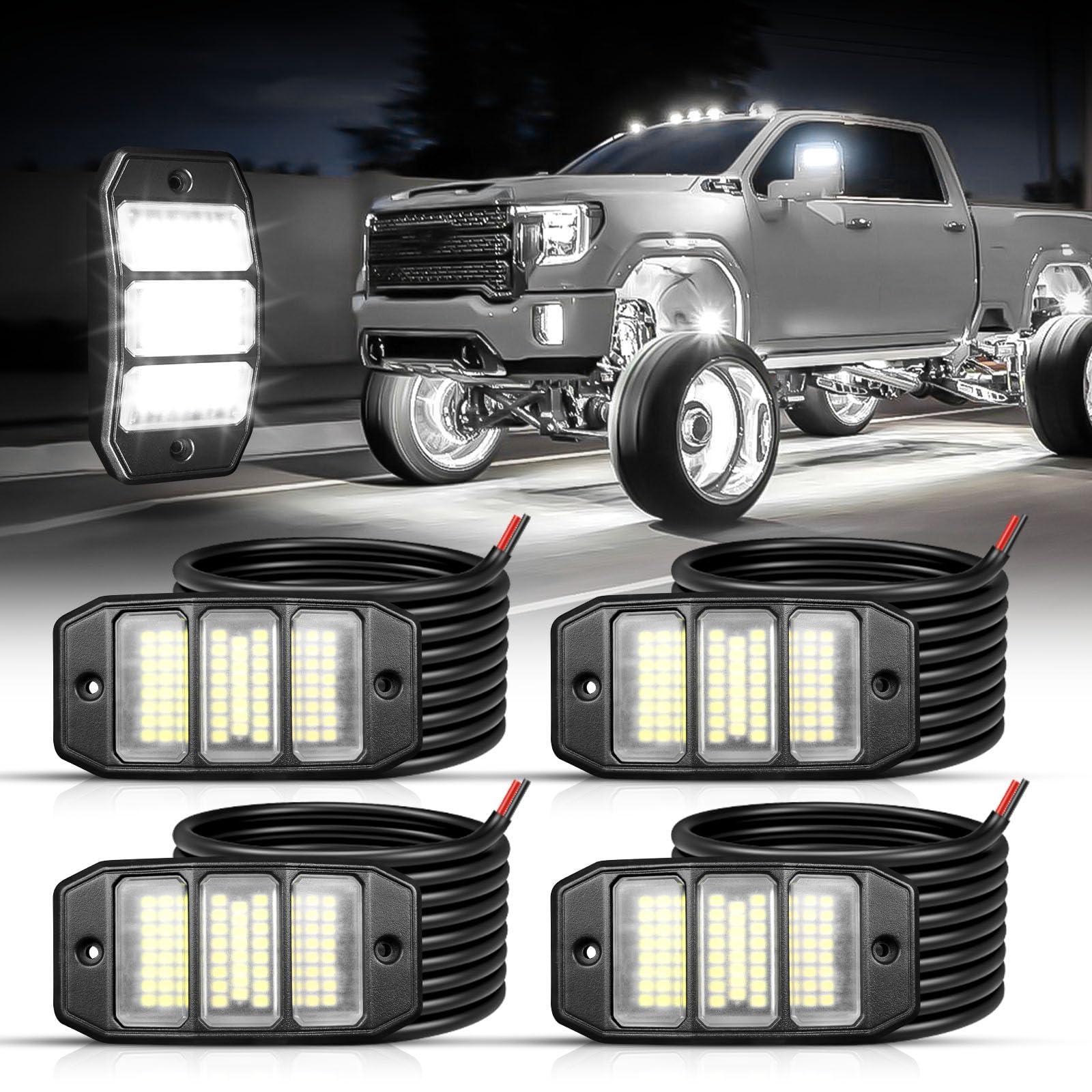 SHINIGHT 4PCS White Rock Lights, Super Bright Pure White 6000K Rock Lights for Trucks,72 SMD LED Chips Each Light,3M/9.84FT Extension Wires,Waterproof IP68 Underglow Lights for ATV UTV Cars Boats