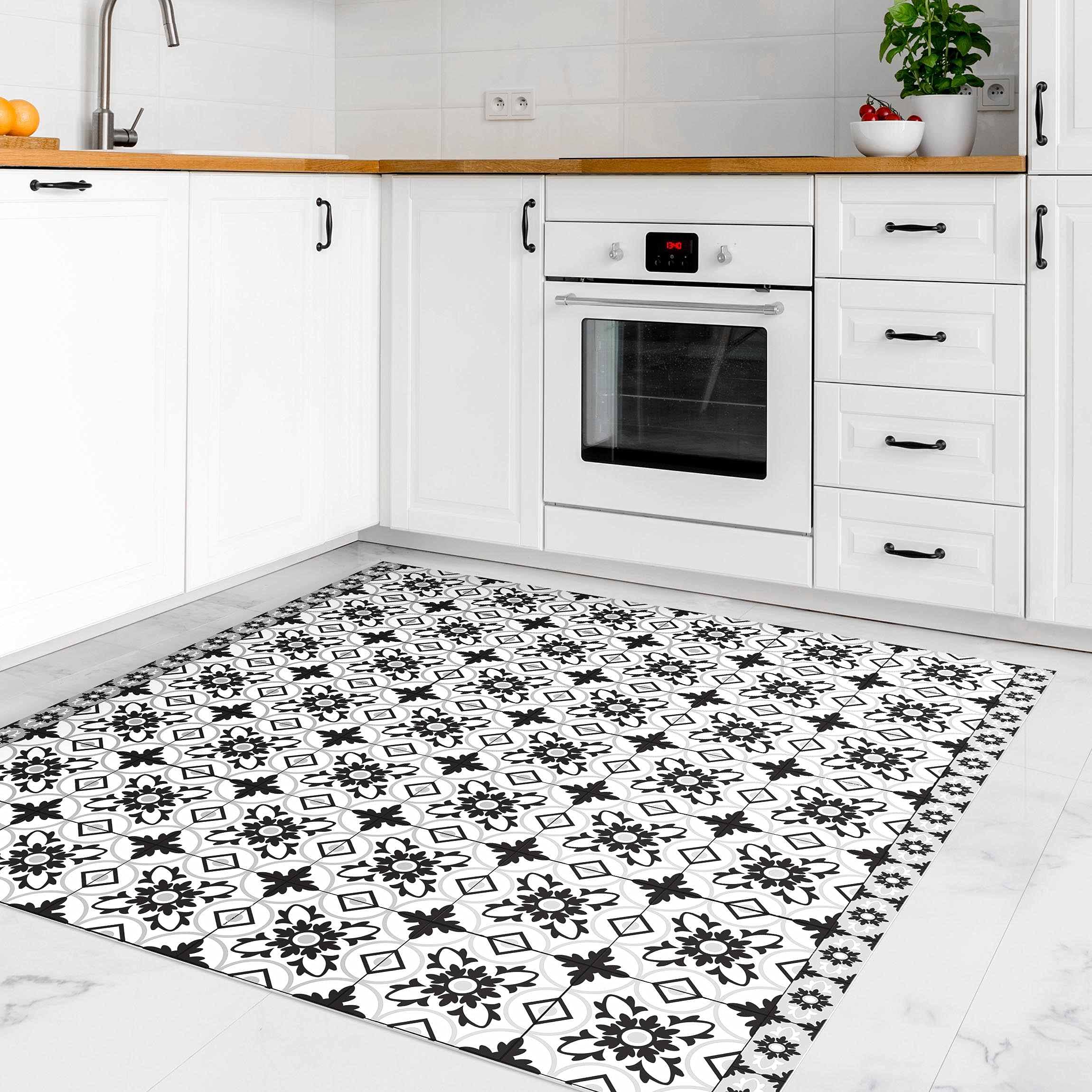Tapis en Vinyle essuyable à l'eau à Motifs Collage sans Bulles Protection de Sol avec Motif Tapis antidérapant Noir et Blanc Imitation carrelage Illustration Cuisine Couloir 3198 (40x40cm)