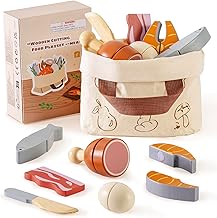 ROBOTIME Montessori - Set di taglio in legno per bambini, set da giardino e cucina con accessori in legno, giocattoli per bambini (set di carne)