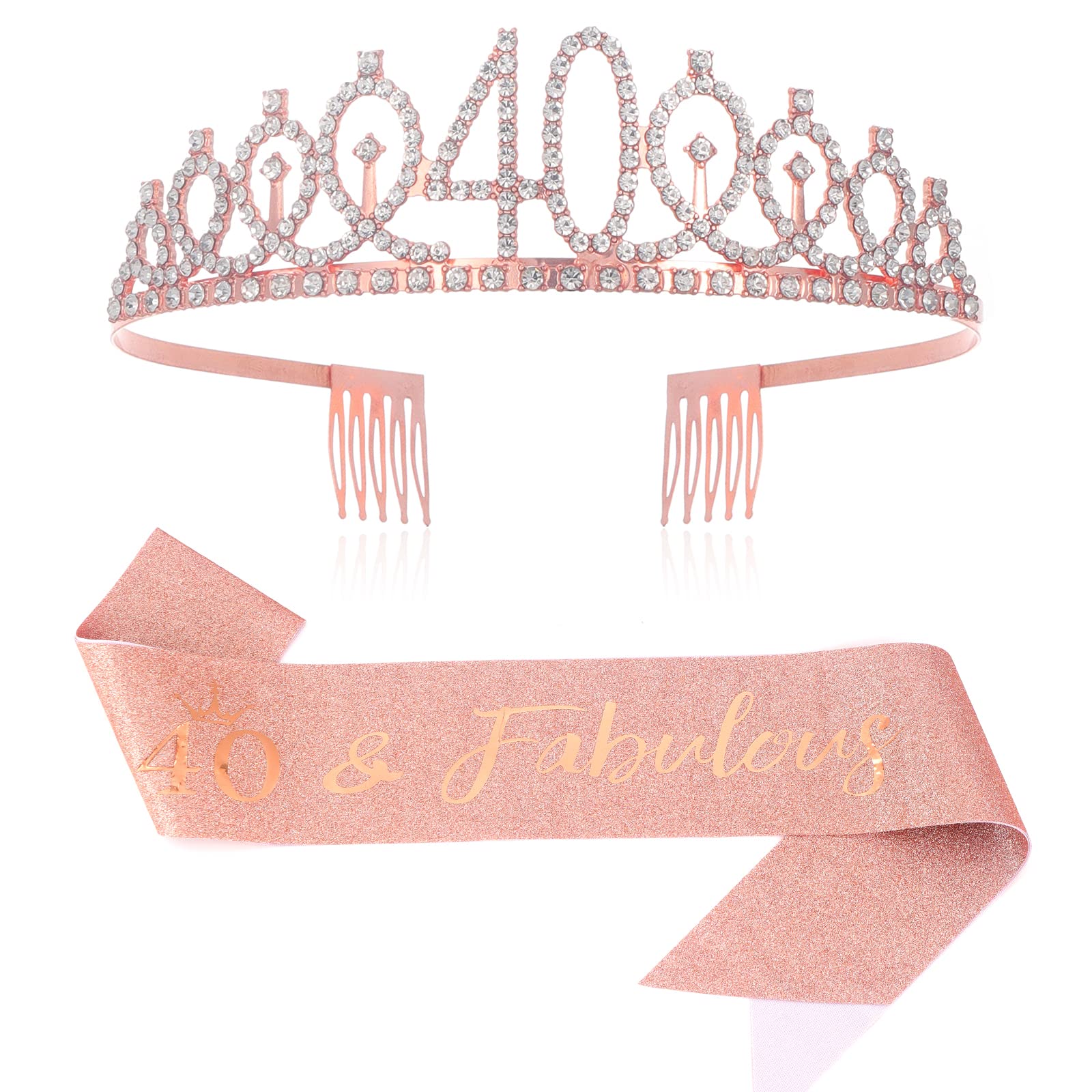 40 and Fabulous Sash & Rhinestone Tiara Set - 40th Birthday Gifts Birthday Sash for Women Birthday Party Supplies (Rose Glod)