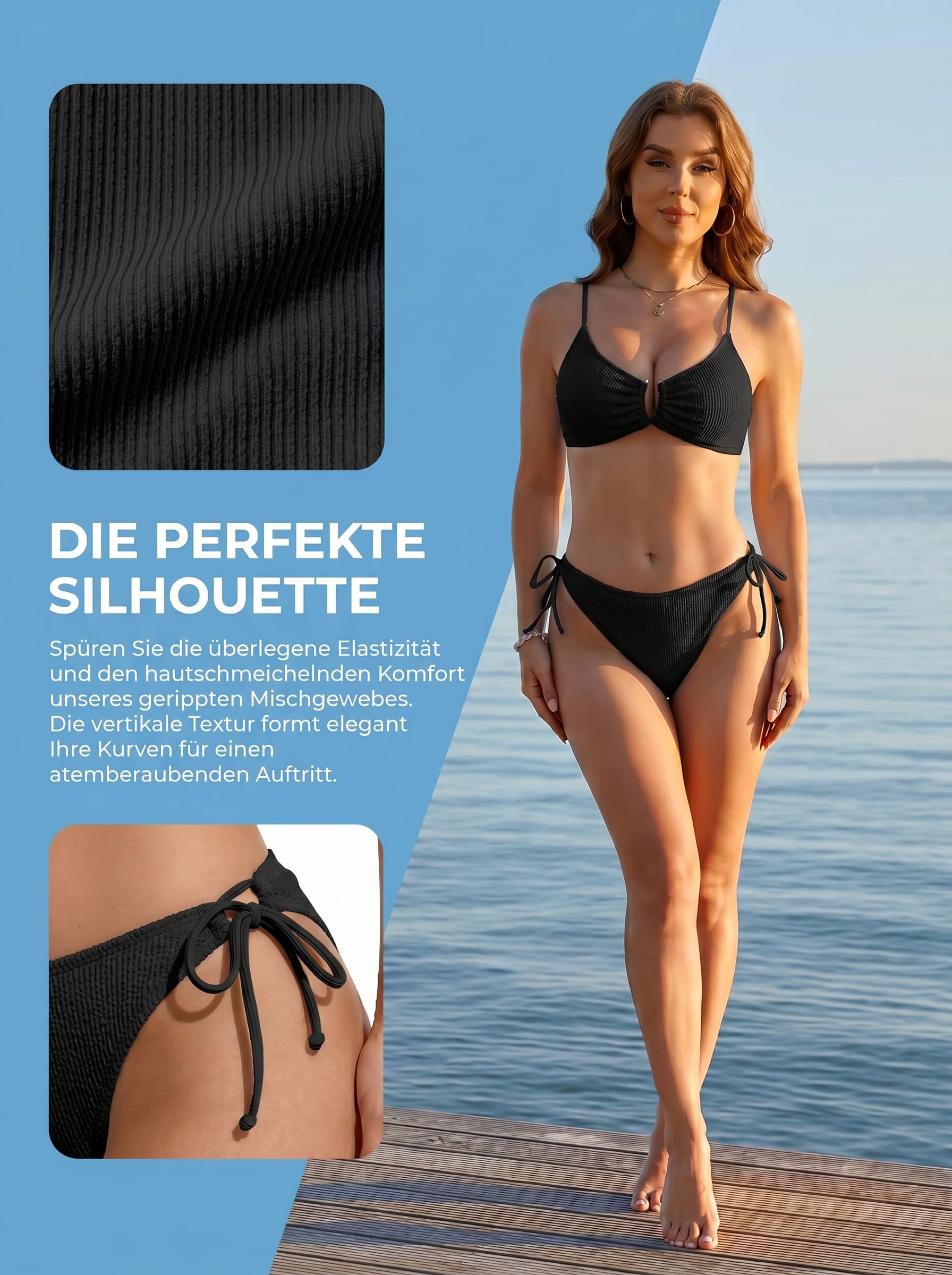 HORISUN Damen Bikini Set Zweiteilig Crinkle Strukturstoff Push Up U-Wire Oberteil Verstellbare Träger Cheeky Unterteil Seitenschnürung Strand Bademode