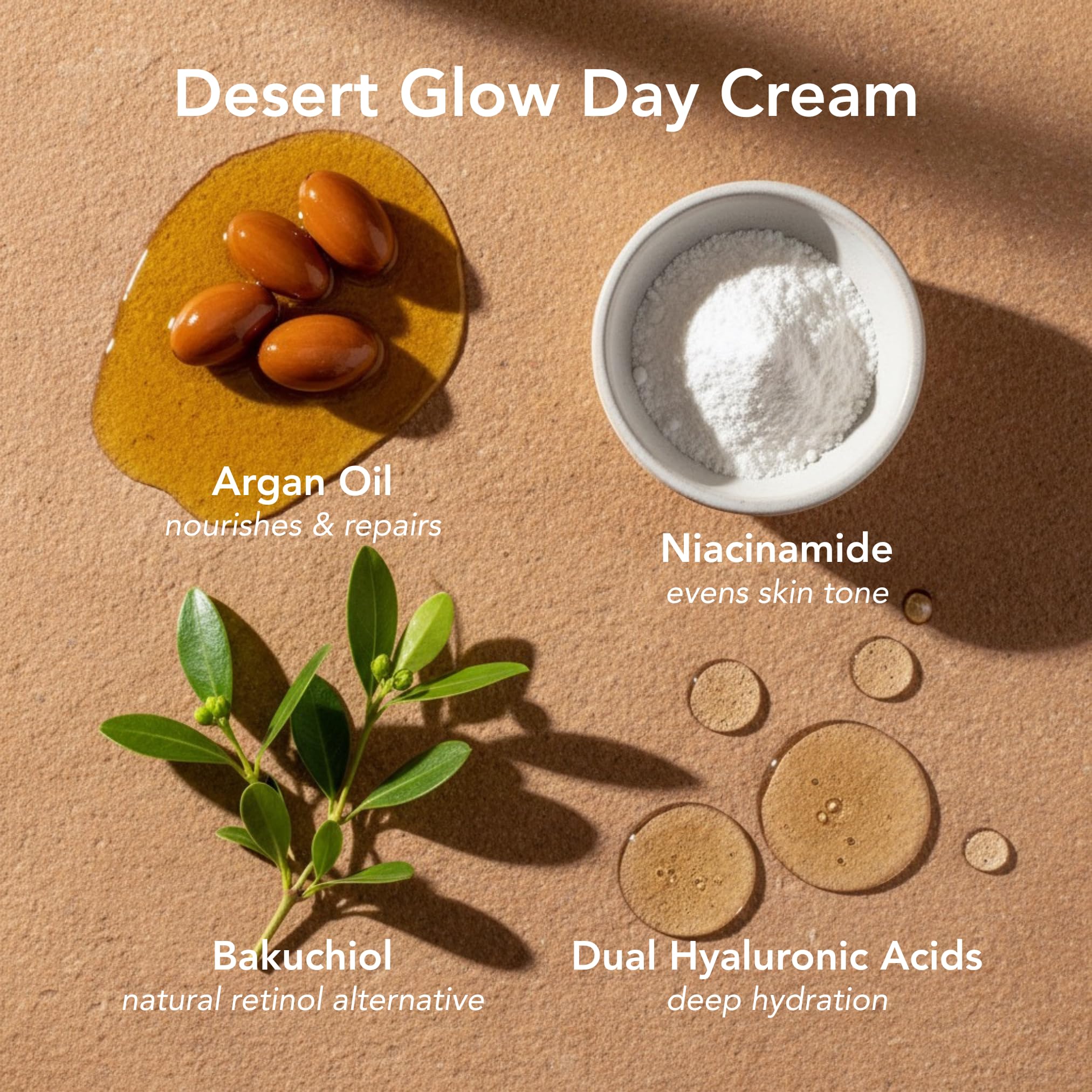 ZAYNA Desert Glow Day Cream 50 g – lekki krem na dzień z olejkiem arganowym, niacynamidem, bakuchiolem i kwasem hialuronowym, dla nawilżenia i promiennej skóry, wyprodukowano w Szwajcarii