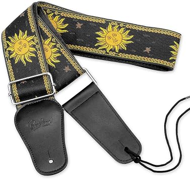 BestSounds Guitar Strap, Vintage Embroidered Sun Straps with Genuine Leather Ends Guitar Shoulder Strap for Bass, Acoustic,Classical & Electric Guitar Black