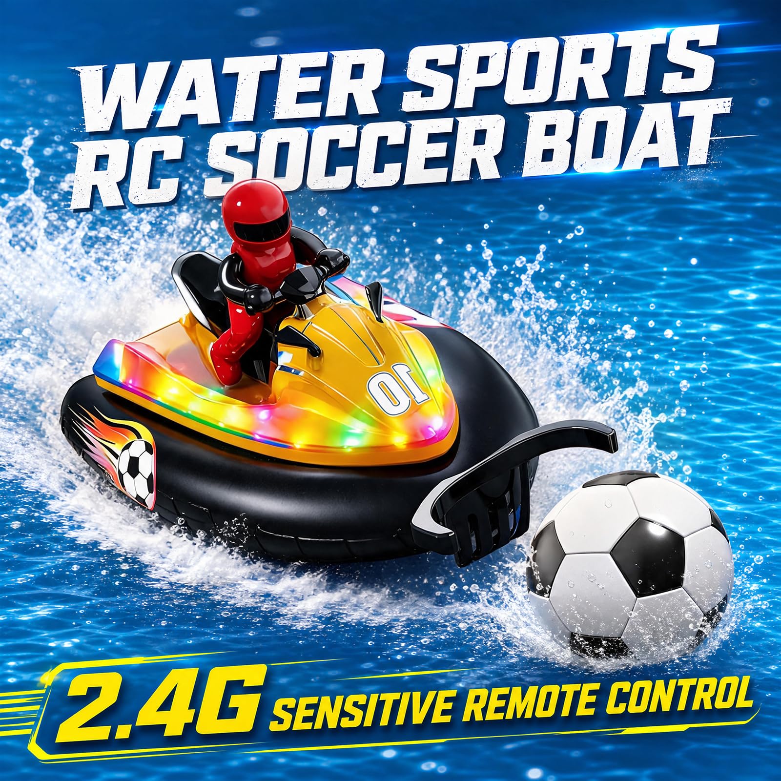 Barca radiocomandata con luce LED, 2,4 GHz, barca a motore telecomandata con pallone da calcio e acqua spruzzata, adatta per piscine e laghi, barca radiocomandata, giocattolo per bambini