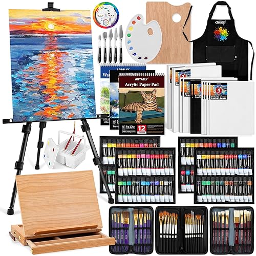 179Pcs Professional All-in-One Art Painting Kit with Aluminum & Beech Wood Easel, 96 Acrylic, Watercolor & Oil Paint Set, Complete Art Supplies Painting Set for Adults, Artists, Beginners