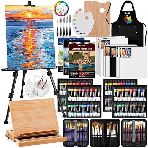 187Pcs Professional All-in-One Art Painting Kit with Aluminum & Beech Wood Easel, 96 Acrylic, Watercolor & Oil Paint Set, Complete Art Supplies Painting Set for Adults, Artists, Beginners