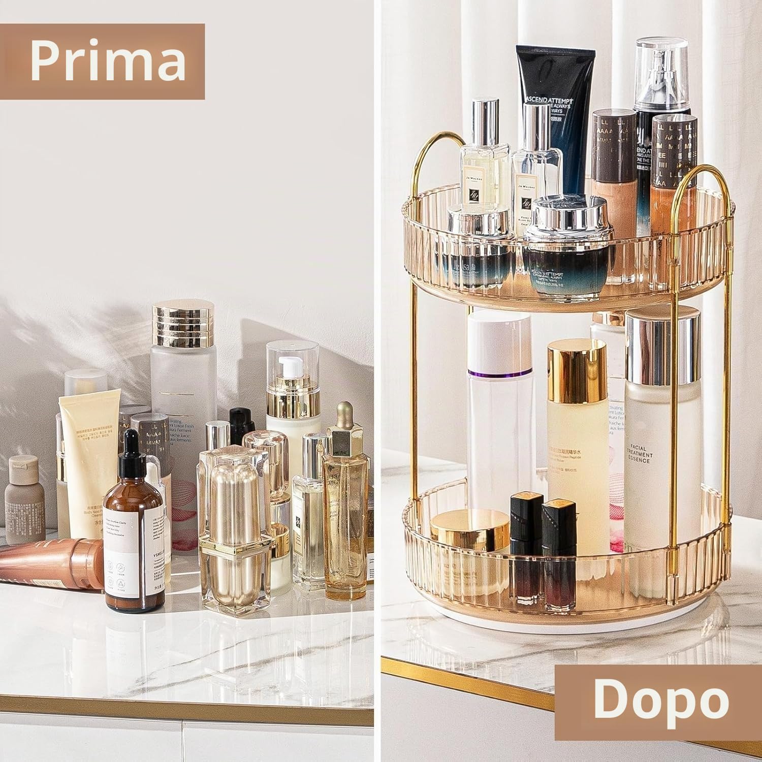 Organizzatore di Trucco Rotante a 360°, Organizzatore di Cosmetici ad Grande Capacità, Organizzatore di Profumi, Organizzatore Della Cura Della Pelle per Bagno (2 Strati, Ambra)