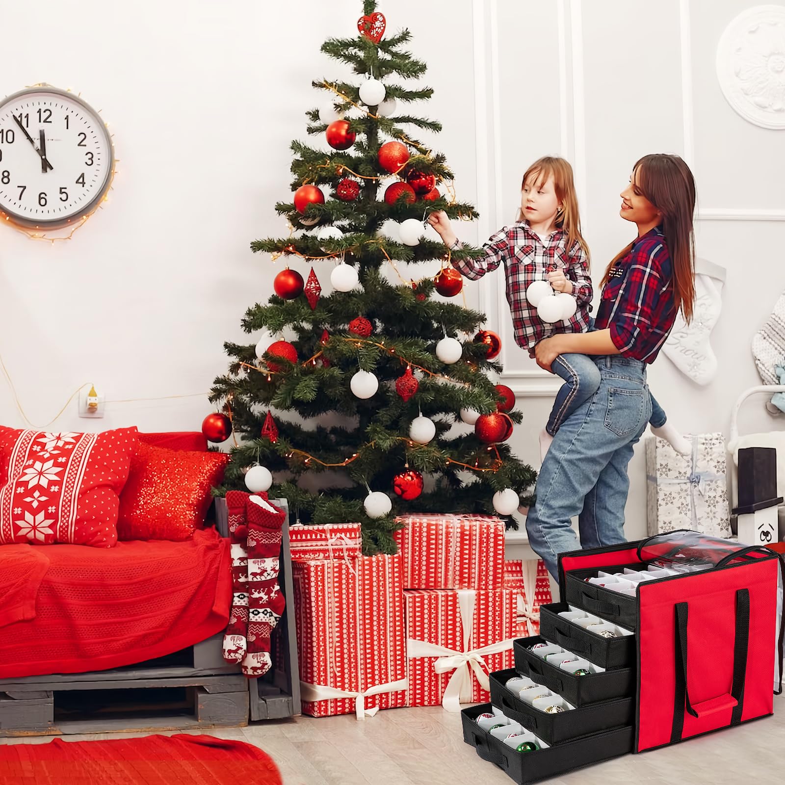 Aufbewahrungsbehälter für Weihnachtsdekoration, mit 5 Schubladen, Trennwänden, großer Organizer, einfacher Zugriff, verstellbare Fächer für Weihnachtskugeln, Figuren