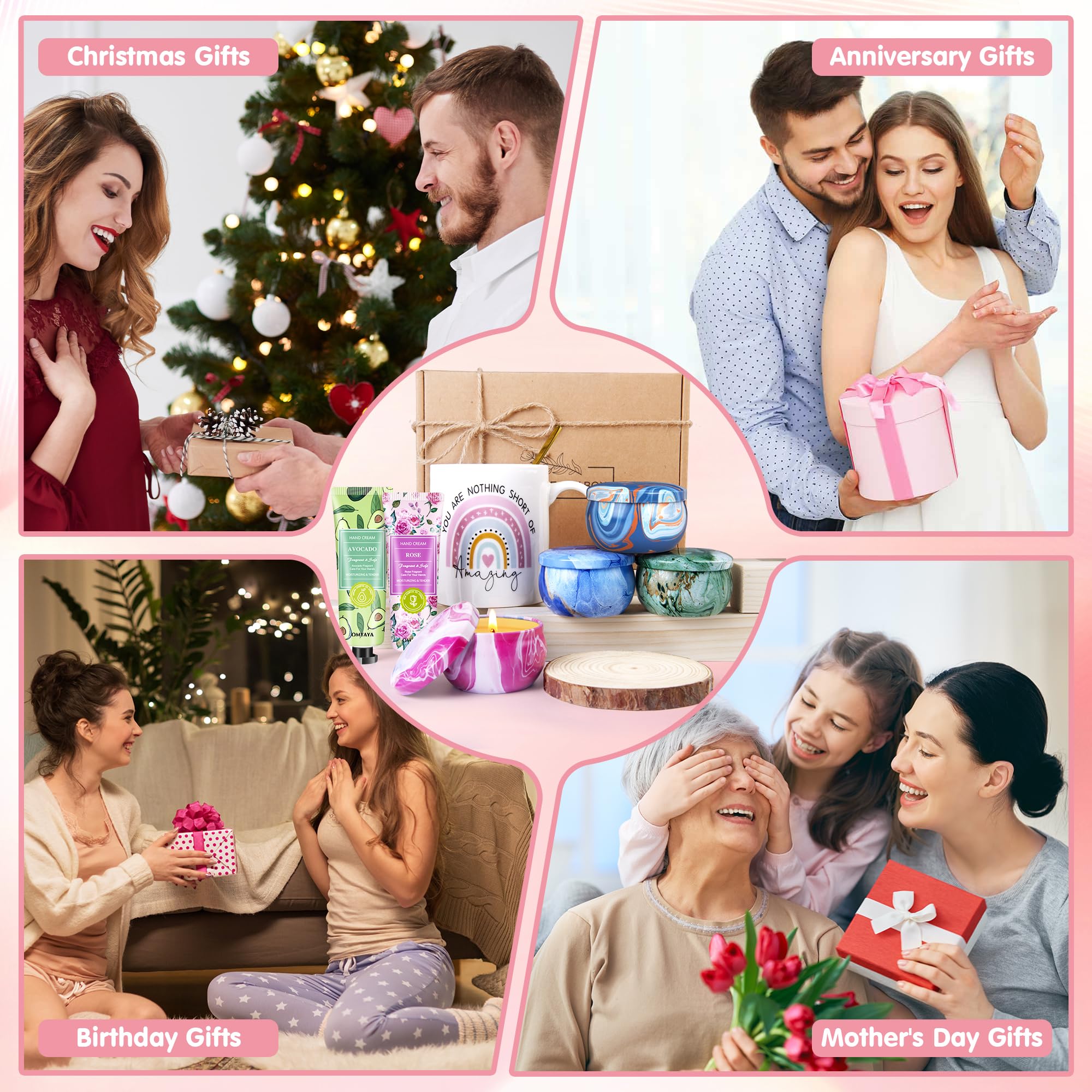 Confezione Regalo di Candele Profumate,Regalo Donna Natale | 4 Candele, Portacandele, Tazza e Cucchiaio da Caffè, 2 Creme per le Mani | Regali Perfetti per le Donne Aiuta ad Alleviare Stress