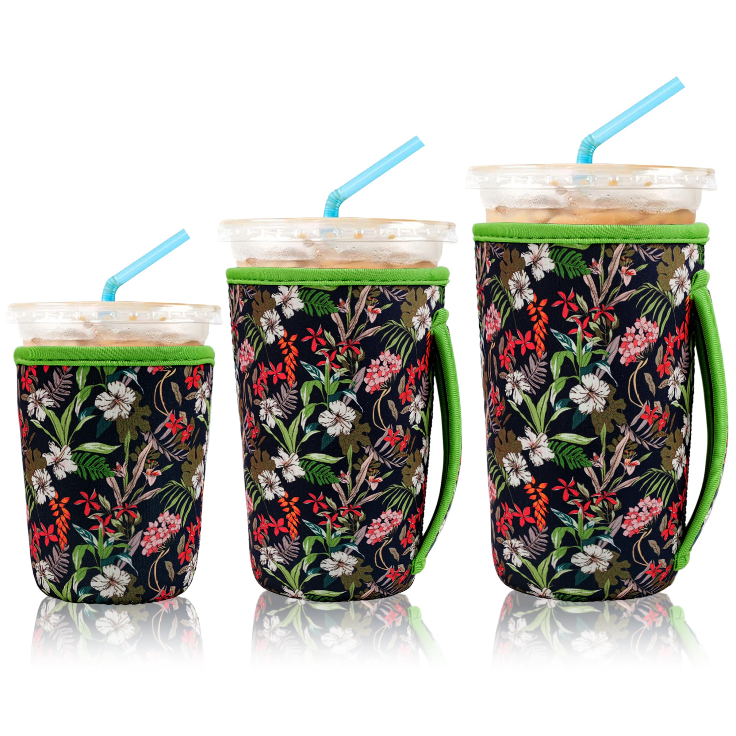 KJQJLY 3 Pack Reusable Iced Coffee Sleeves for Iced Coffee Cups or Drinks Reusable Neoprene Insulated Sleeves for Hot and Cold Drinks from Starbucks, Dunkin, And More (Leaves and grass)