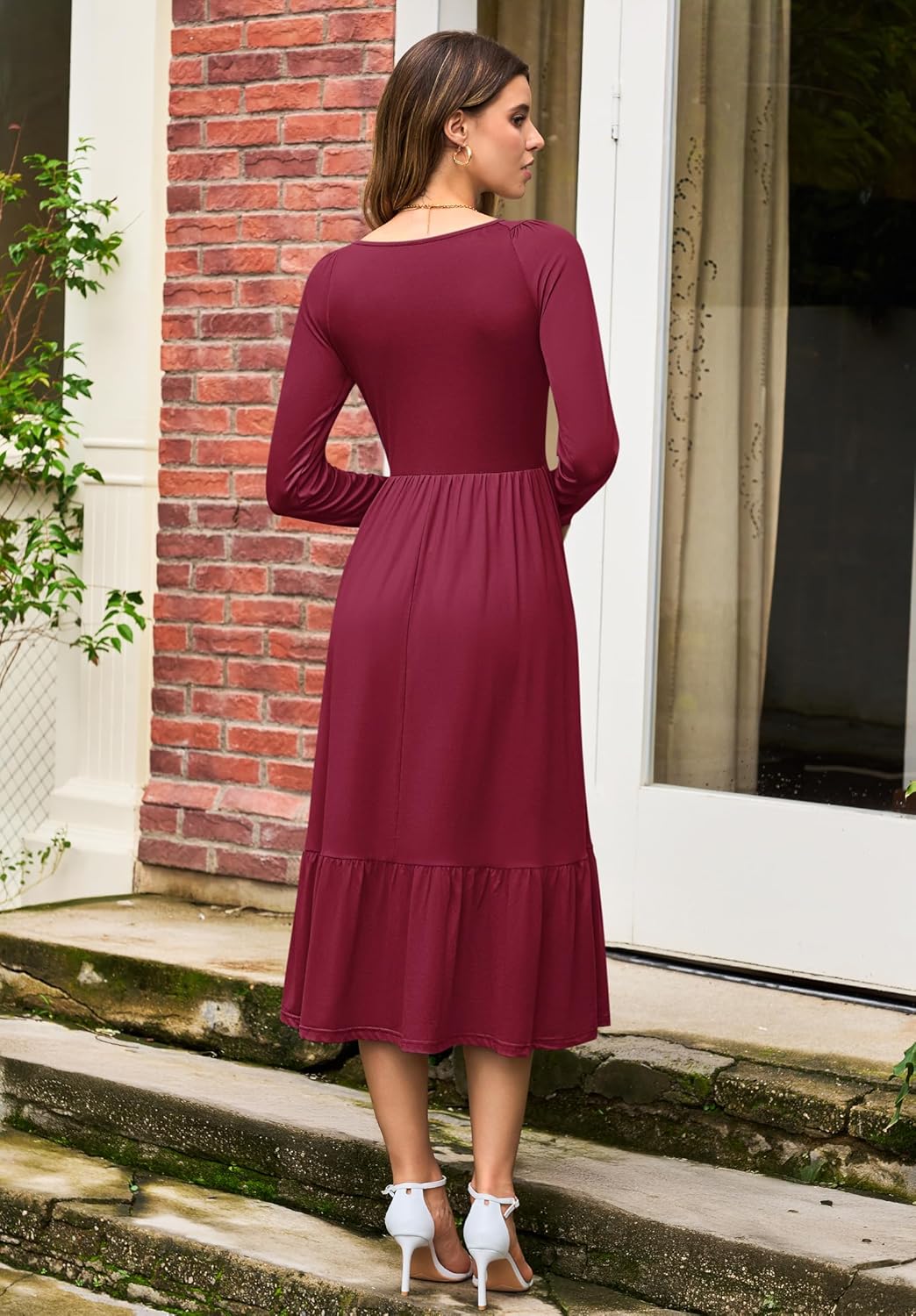 AUSELILY Women's Empire Waist Dress Long Sleeve V Neck Drawstring Long Flowy A-line Midi Casual Fall Dresses 2025 - Image 2