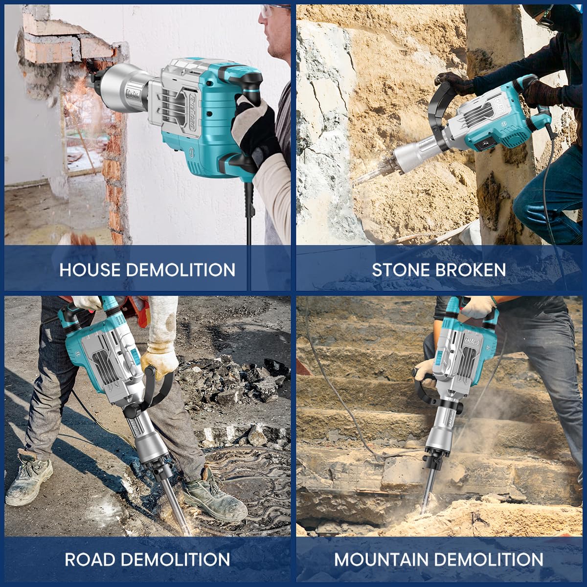 ENEACRO Abbruchhammer 1700W SDS-Hex Stemmhammer, 65 Joule Hochbelastbar Beton Brecher, Anti-Vibrationshandgriff, 2 Stück Meißel und Transportbox mit Rollen