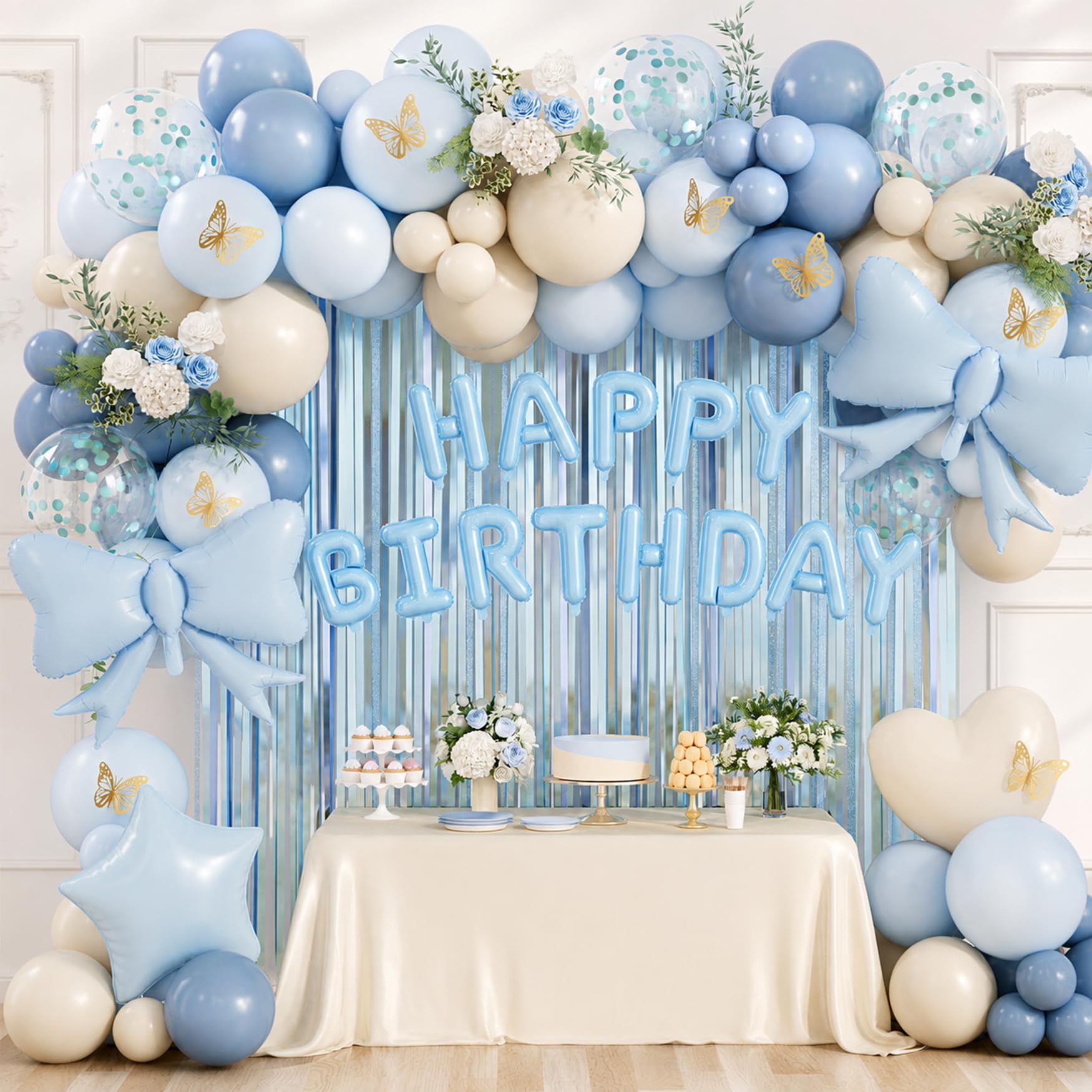 DBKL Blue Birthday Decorations, Light Dusty blue Ivory White Confetti Bow Foil Balloons with Happy Birthday Banner, Green Fringe Curtain Butterfly Decorations for Women Men Boys Girls