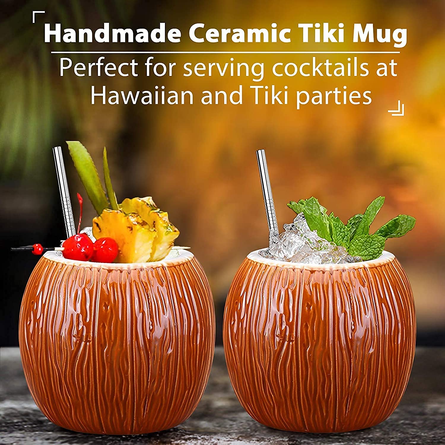 SuproBarware - Juego de 4 tazas de cóctel tropical de cerámica Tiki para bebidas exóticas y cócteles hawaianos, diseño de coco, ambiente festivo y verano