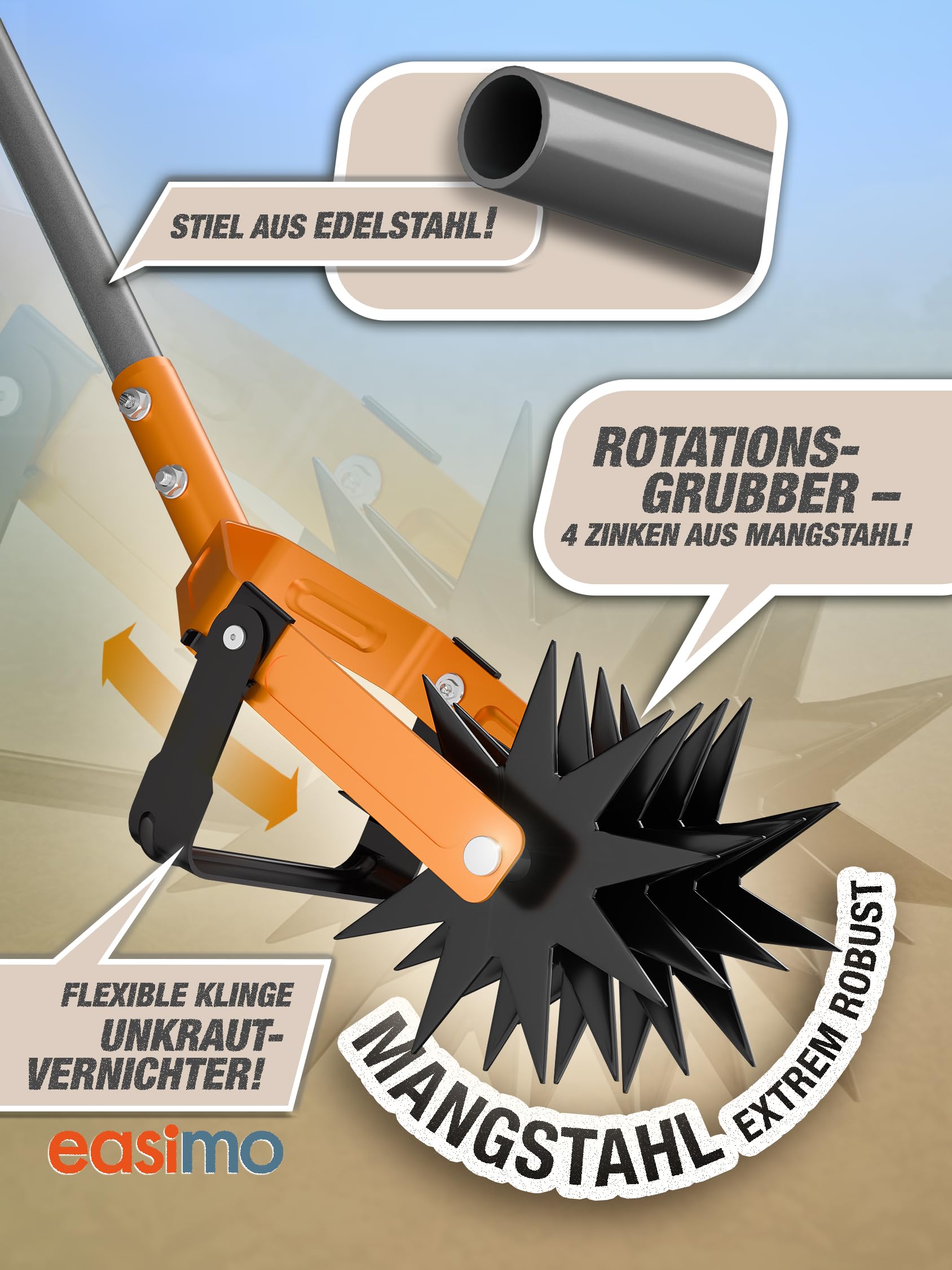 Rotationsgrubber Garten | Manueller Kultivator mit Sternrädern & Unkrautmesser | Verstellbarer Edelstahl Gartenfräse zur Bodenlockerung